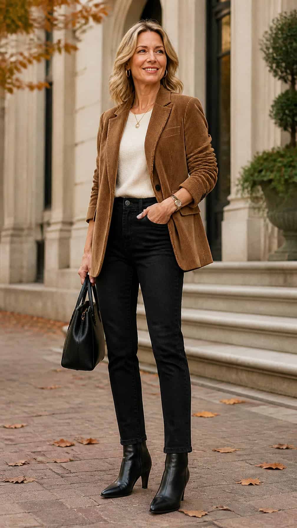 A mature woman wearing a brown corduroy blazer, black jeans, and ankle boots stands outdoors in an autumn setting.