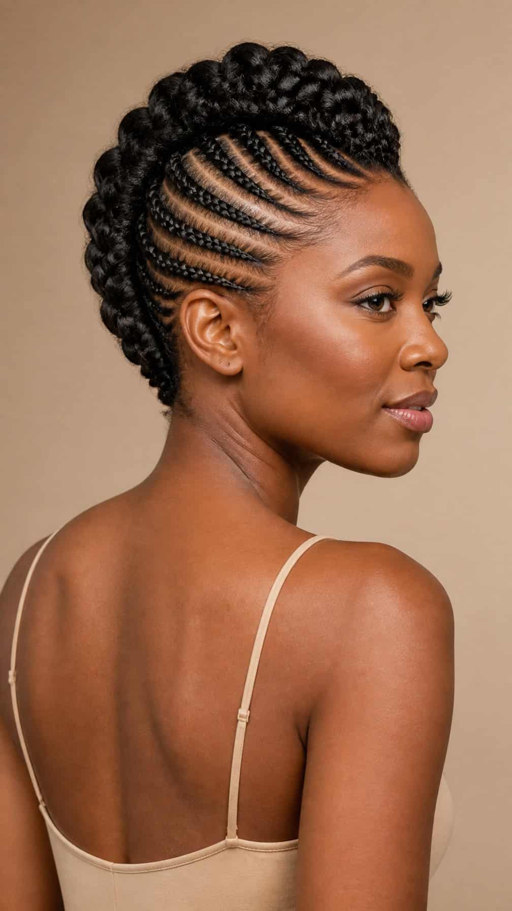 Person photographed from behind in a studio with a neatly braided hairstyle.