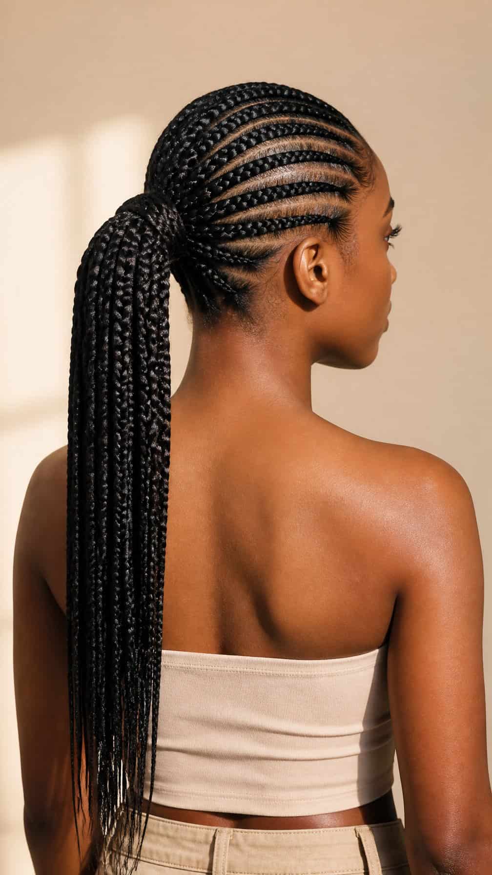 A woman with neatly styled hair stands against a softly lit neutral background.