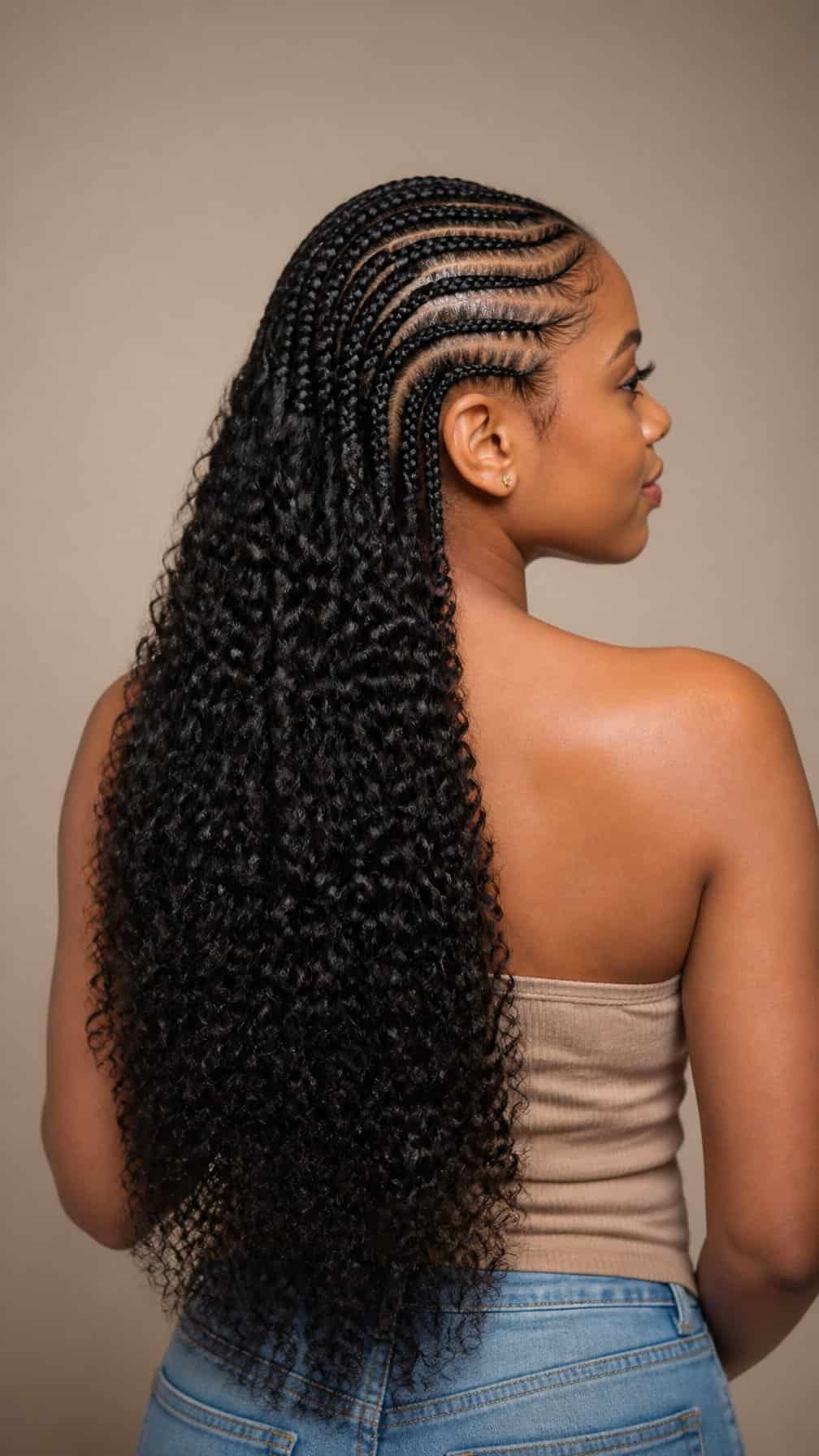 A woman with neatly braided hair and long curls poses against a softly lit neutral background.