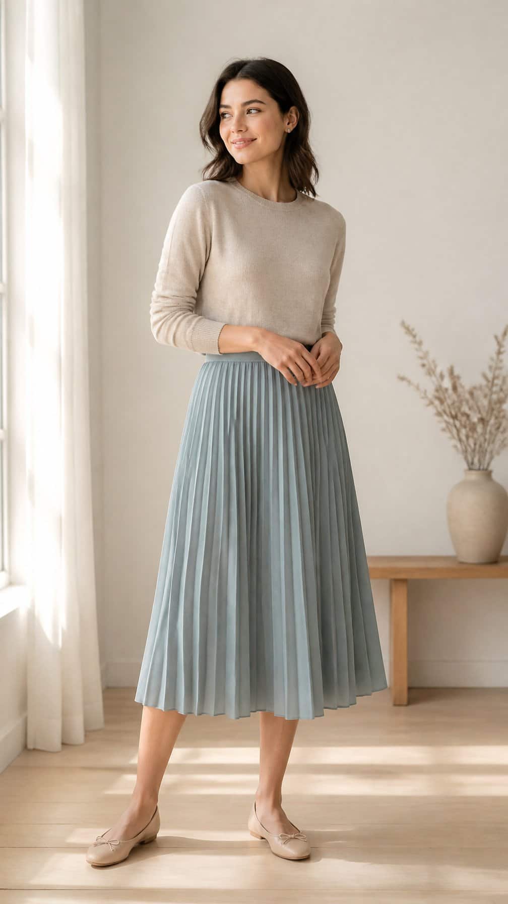 A woman wears a cotton sweater, pleated midi skirt, and ballet flats.
