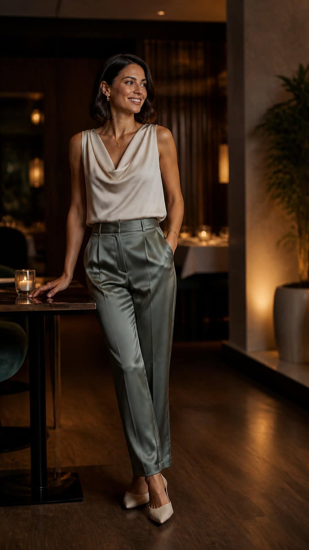 A woman wearing a draped top, satin trousers, and pointed-toe flats in an elegant evening restaurant.