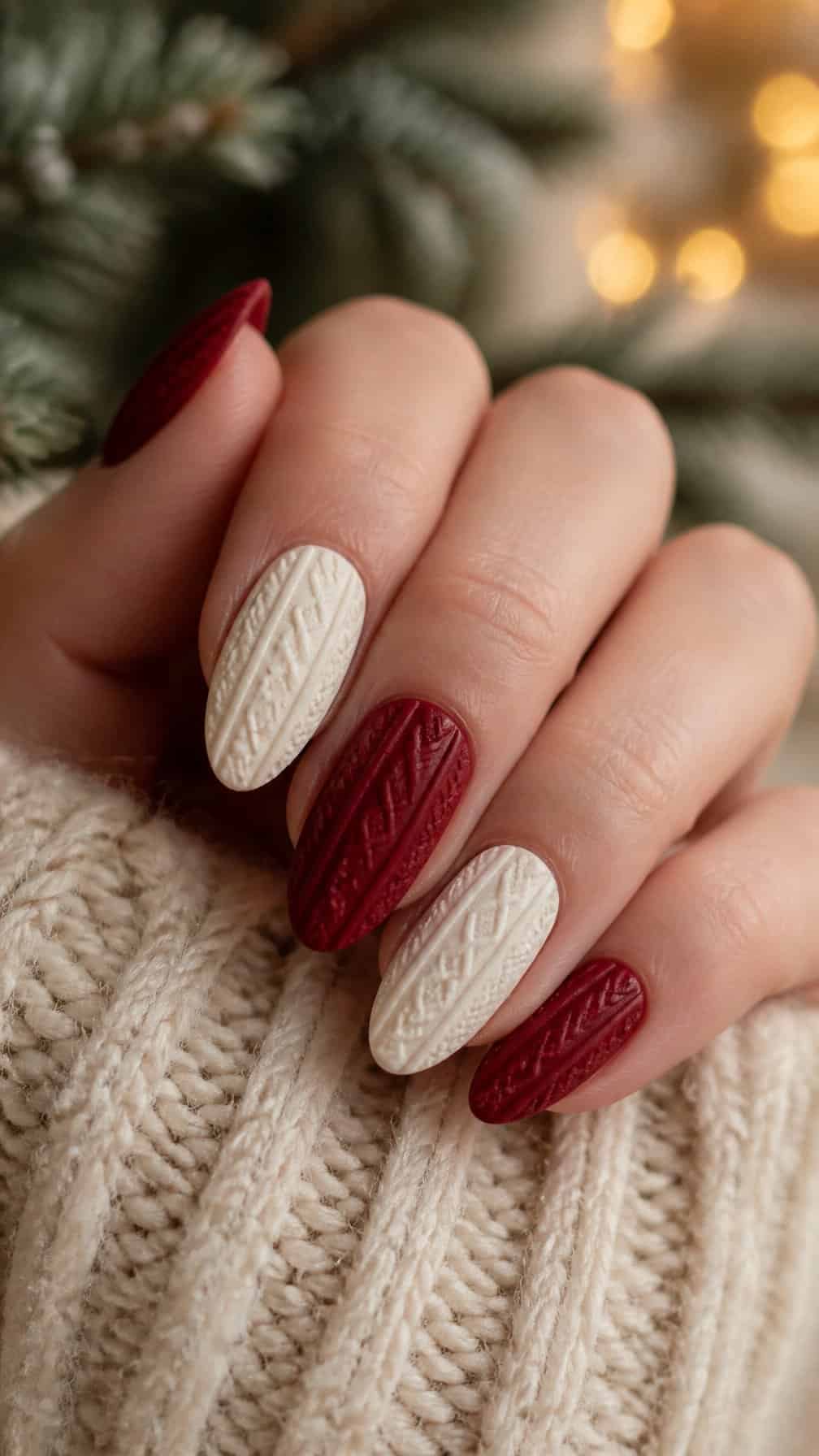 A close-up of a hand with cranberry-red and cream nails featuring raised knit patterns.