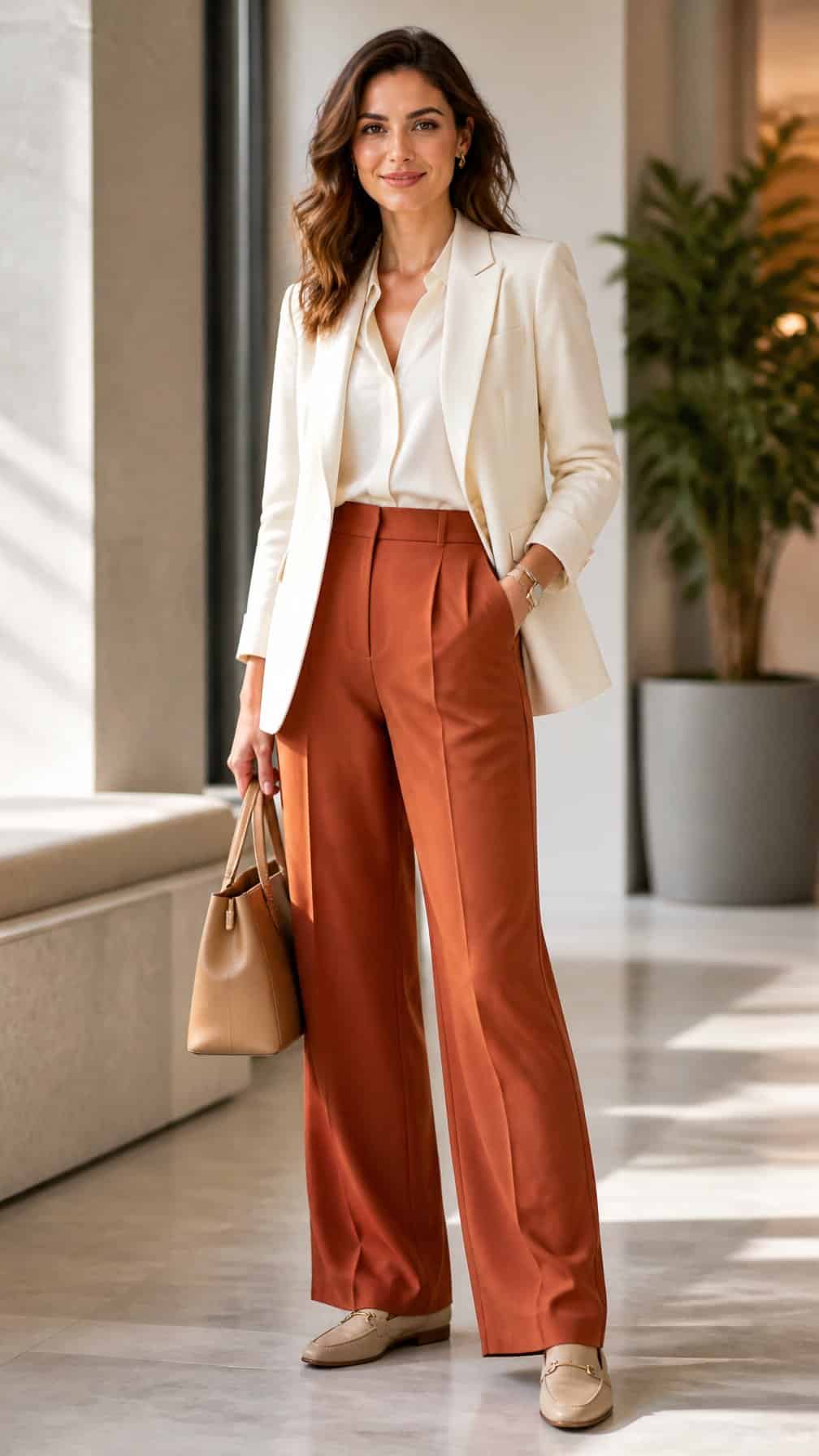 A woman in a cream blazer and rust-colored trousers standing in a bright modern office lobby.