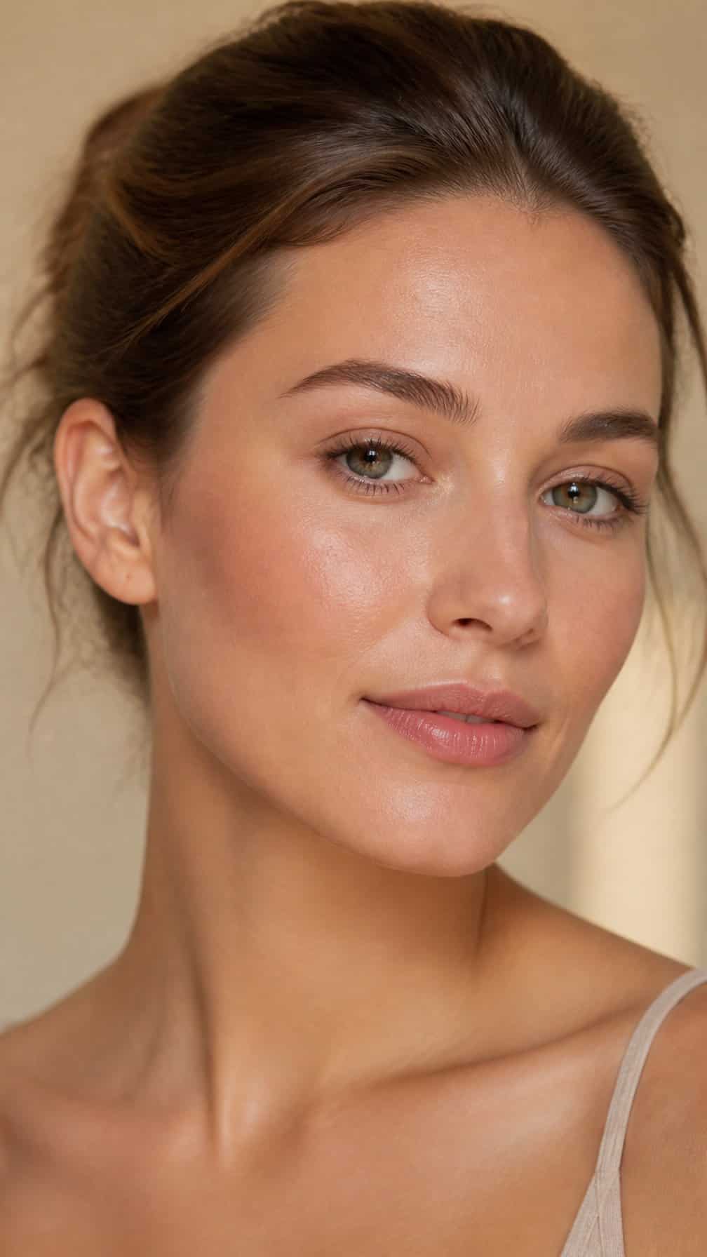 A woman wearing natural makeup with softly bronzed cheeks and neatly groomed brows.