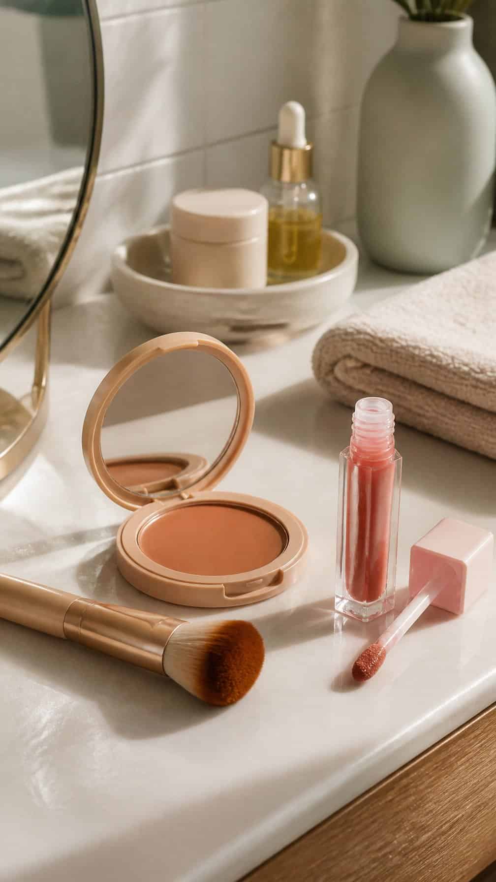 Cream bronzer, makeup brush, and tinted lip oil arranged on a softly lit vanity.