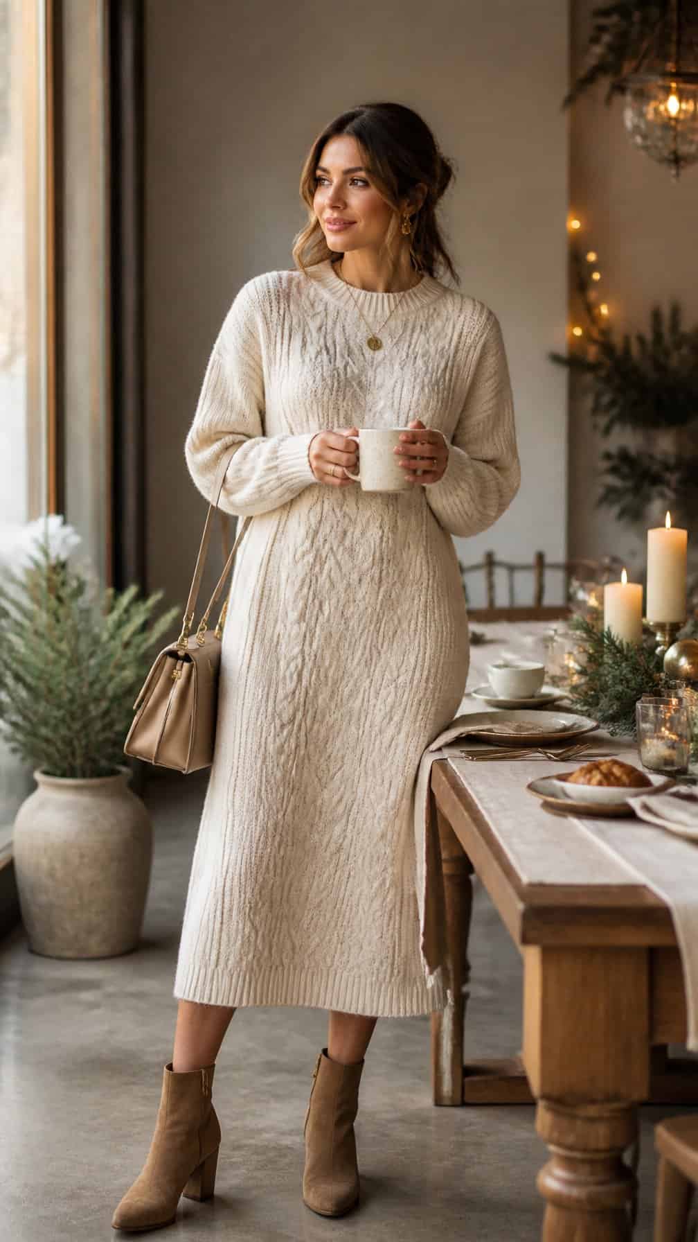 Woman in a cream cable-knit sweater dress enjoying a cozy winter brunch.