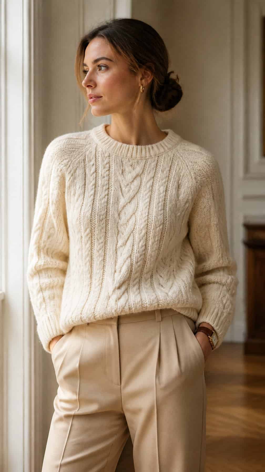 A person wearing a cream cable-knit sweater with tailored trousers in a softly lit interior.