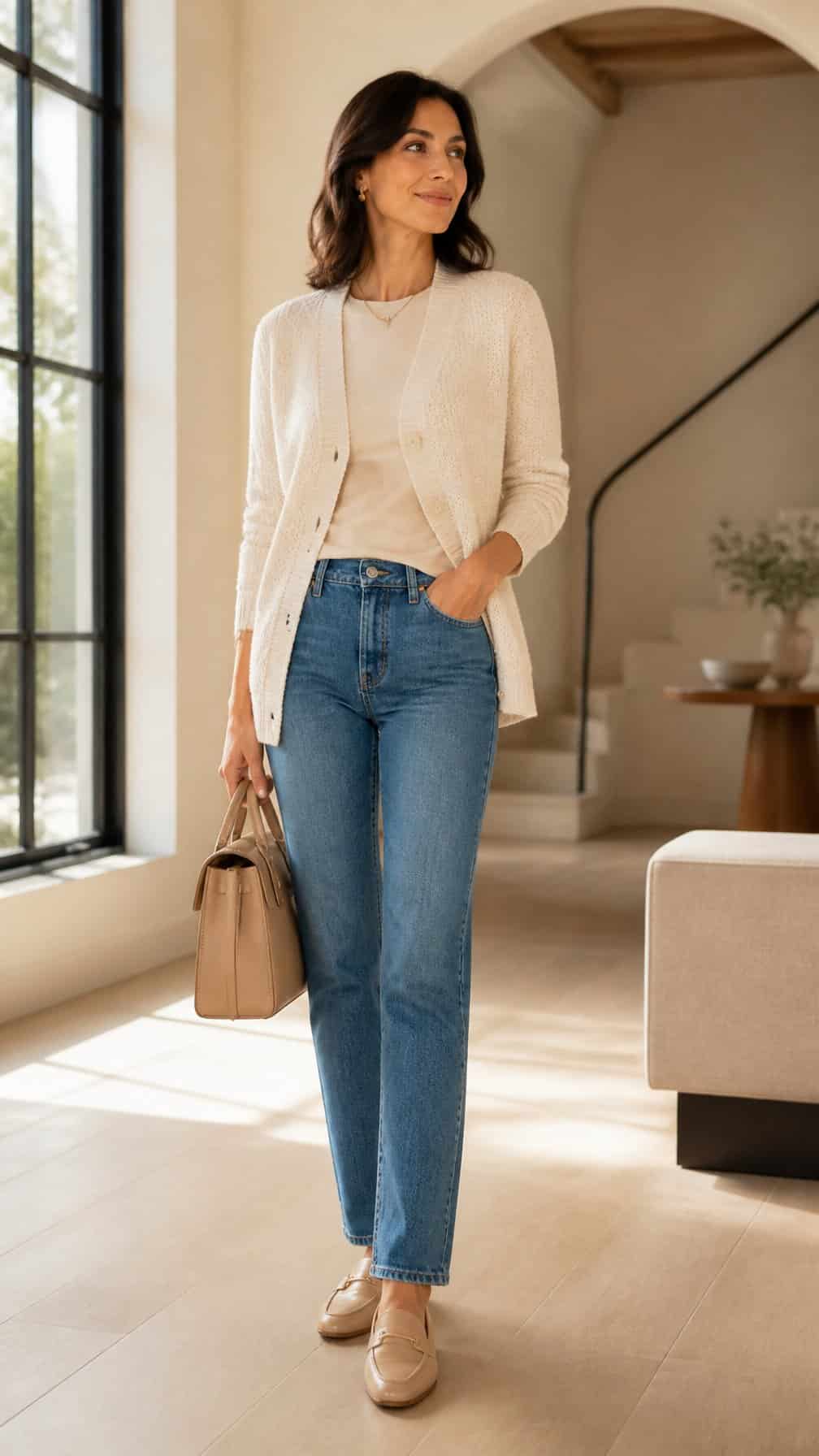 A woman wearing a cream cardigan and straight-leg jeans stands in a bright modern interior.