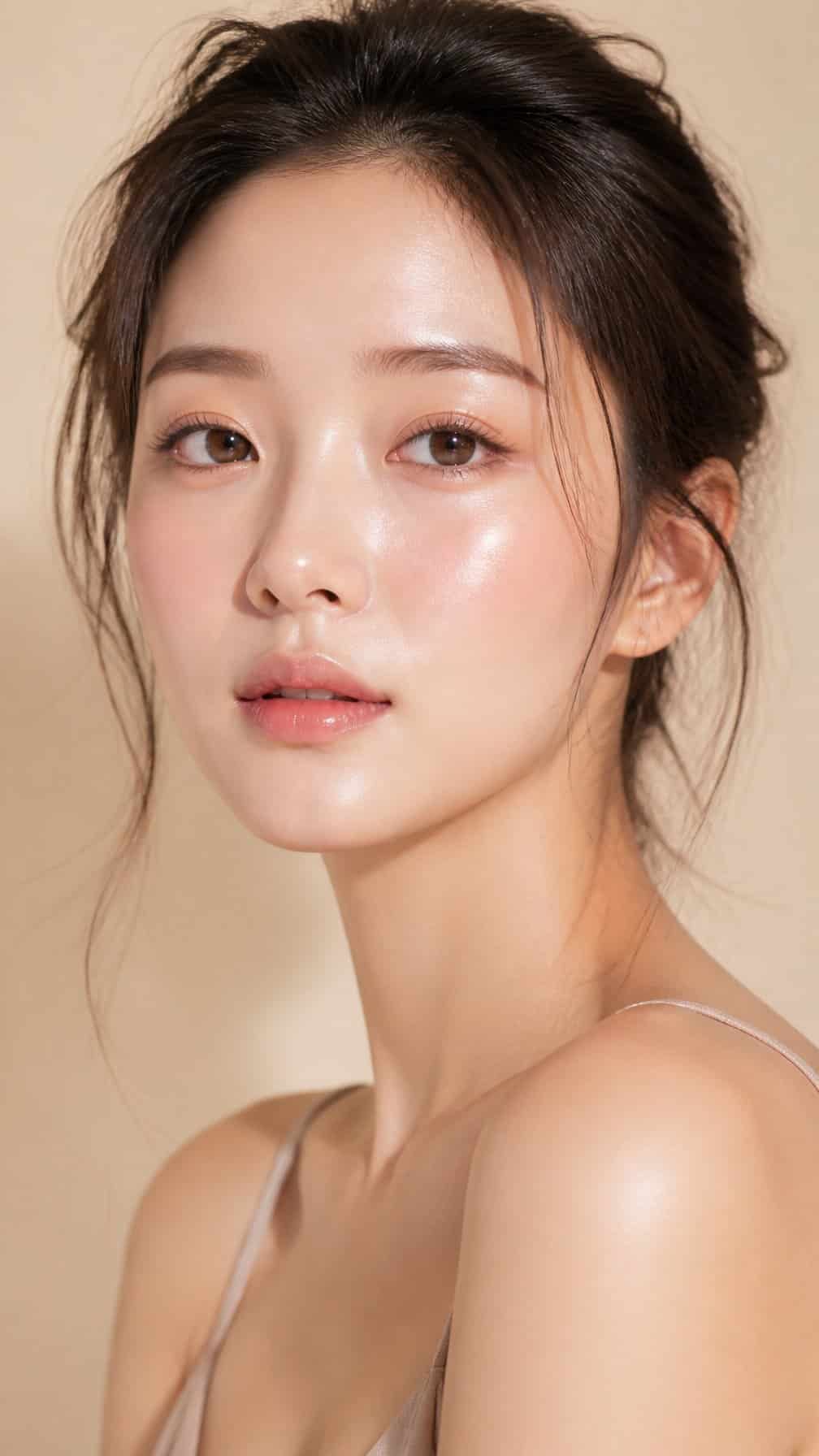 Close-up portrait of a woman with luminous cream highlighter on her cheekbones.