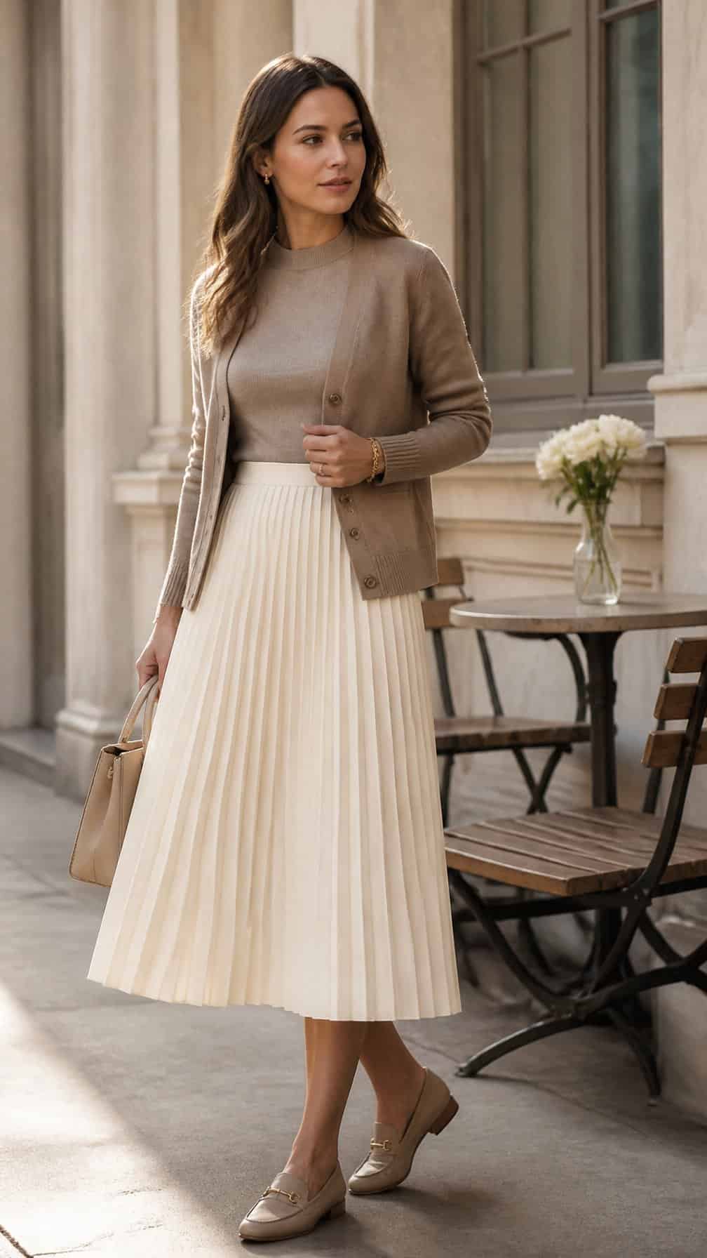 A woman wearing a cream pleated midi skirt and neutral clothing stands in a bright, elegant setting.