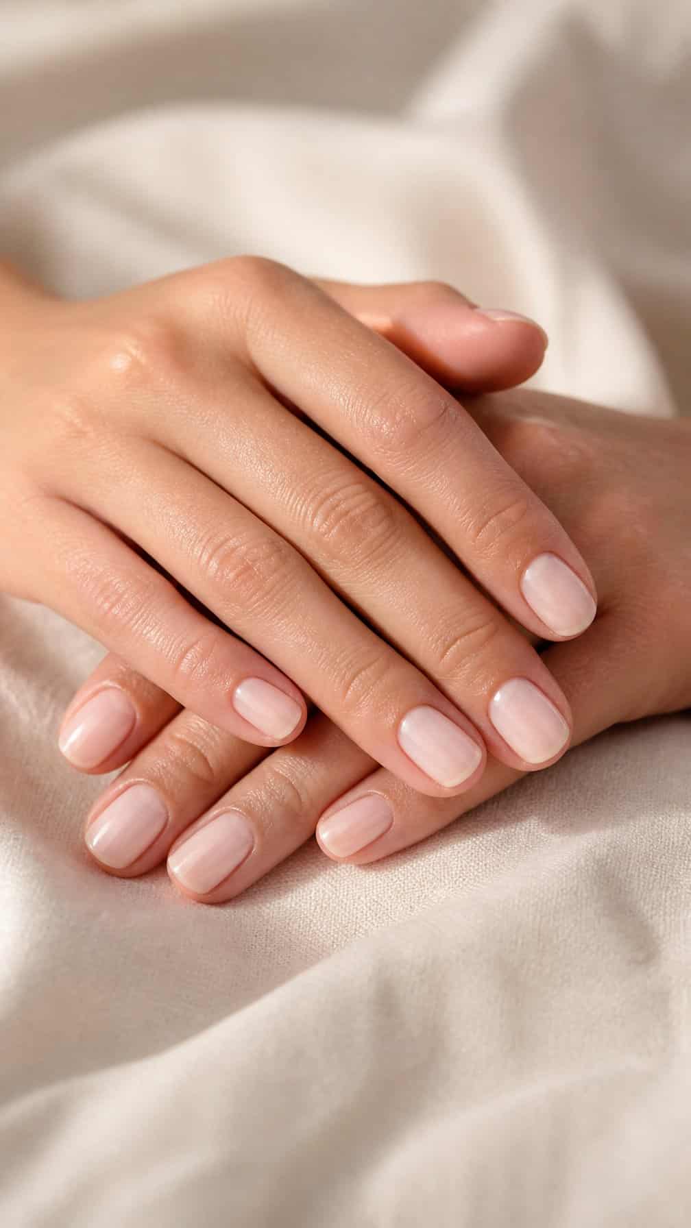Hands with short, neatly manicured nails painted a soft creamy ivory color resting on a light neutral surface.