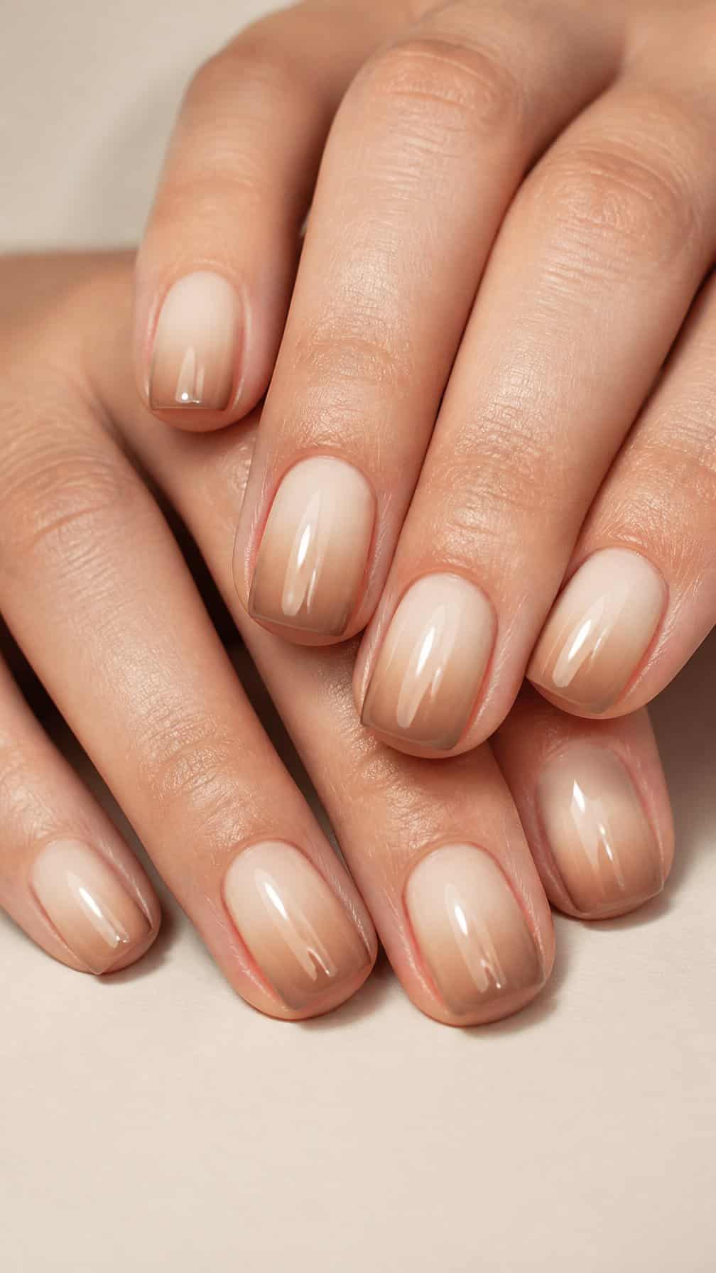 Close-up of a hand with short creamy beige ombré manicured nails.