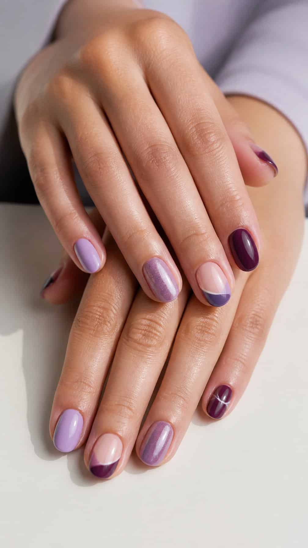 Close-up of manicured hands displaying several purple nail designs in shades from lilac to plum.