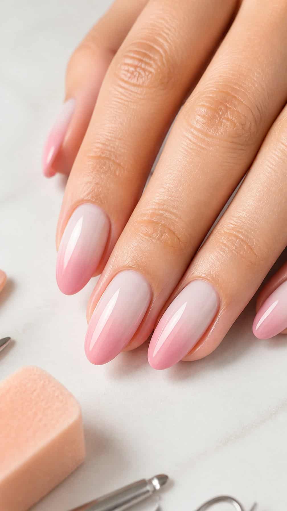 A manicured hand with softly blended nude-to-pink ombre nails on a pale surface.