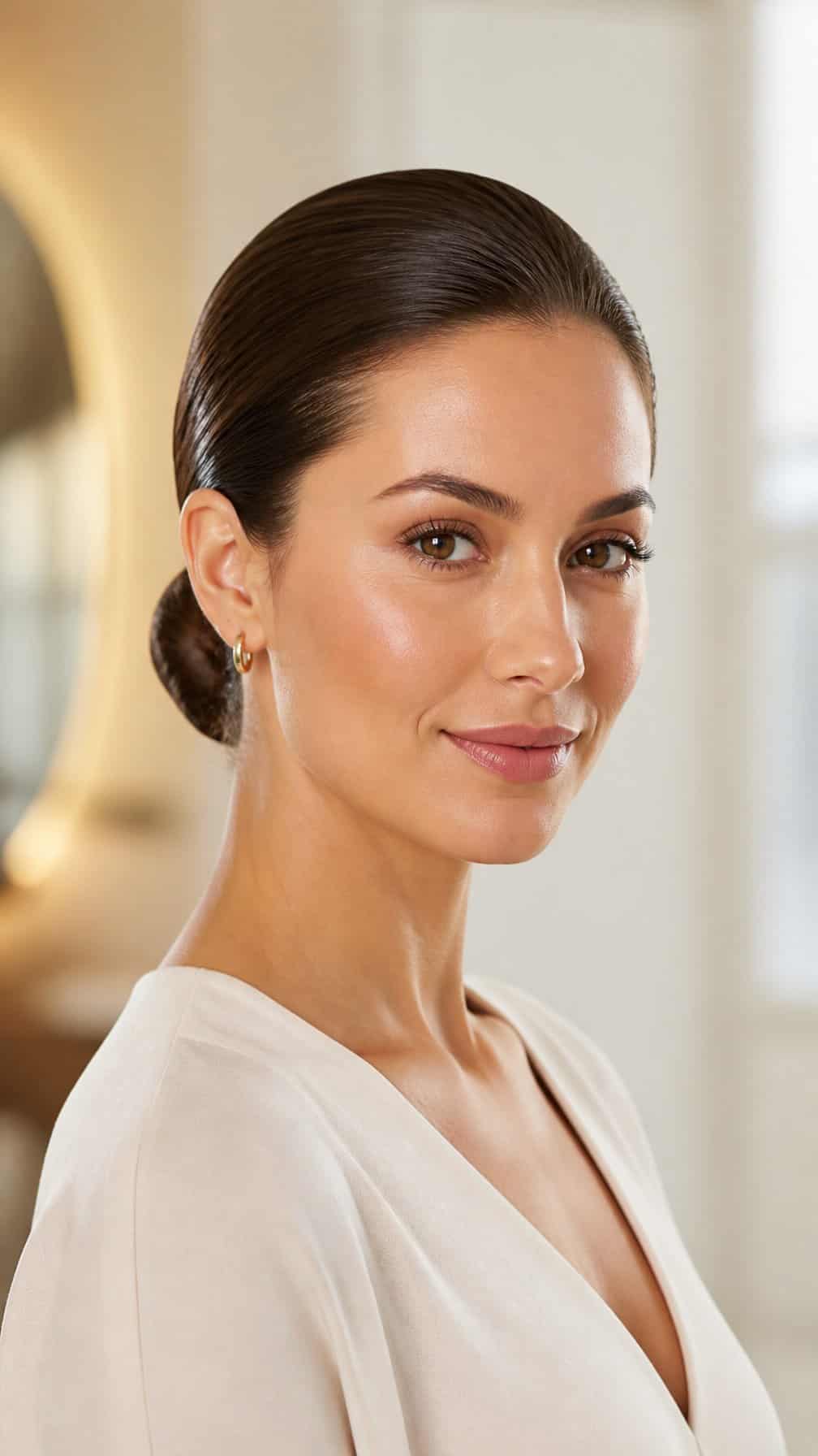 A woman with glossy hair brushed neatly back into a low style poses in a bright neutral setting.