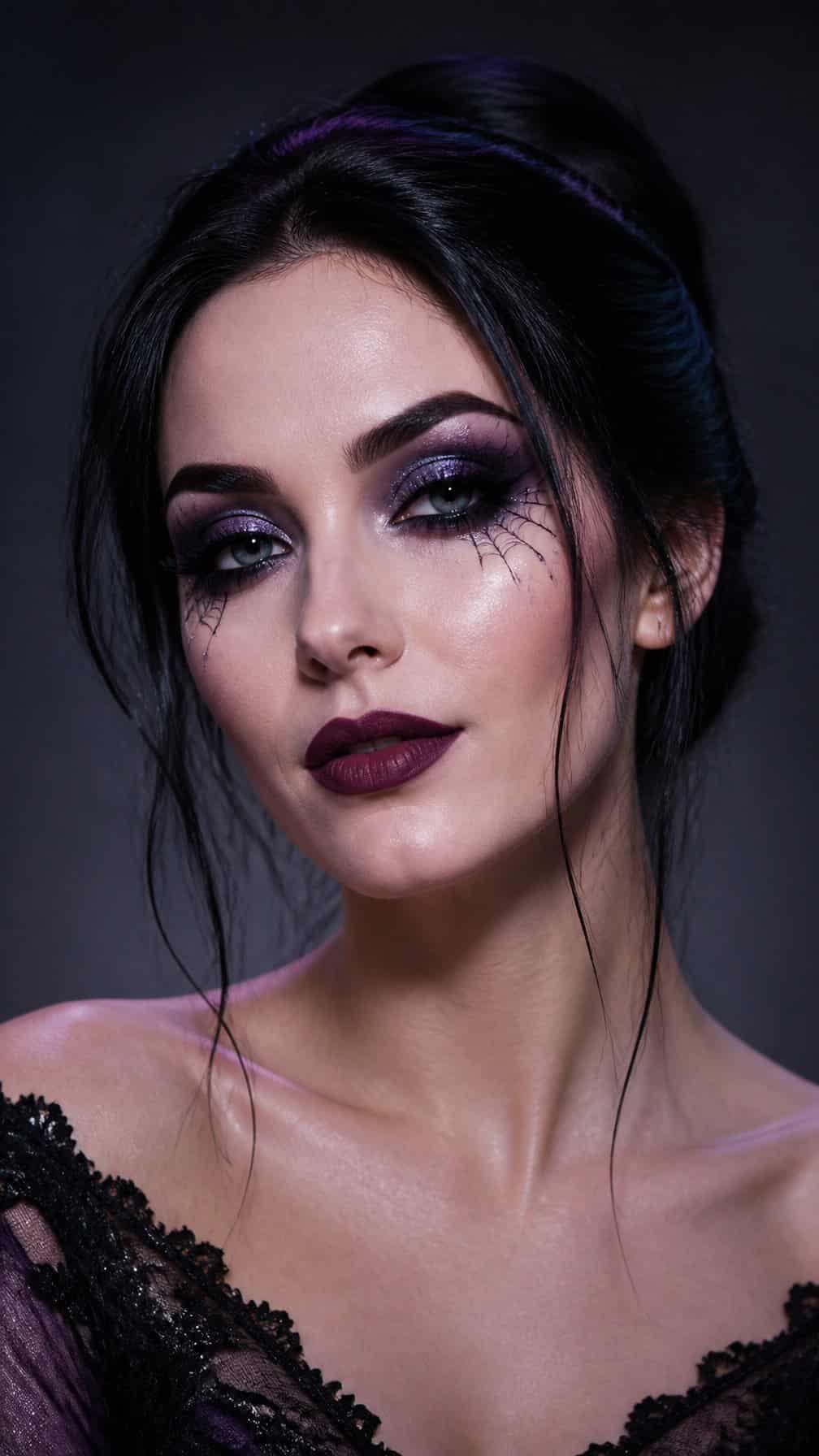 Adult model wearing elegant, non-gory Halloween makeup in a close-up portrait.