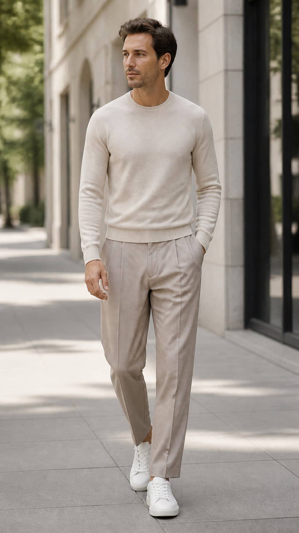 A person wearing a crew-neck sweater, pleated trousers, and minimalist sneakers in an urban setting.