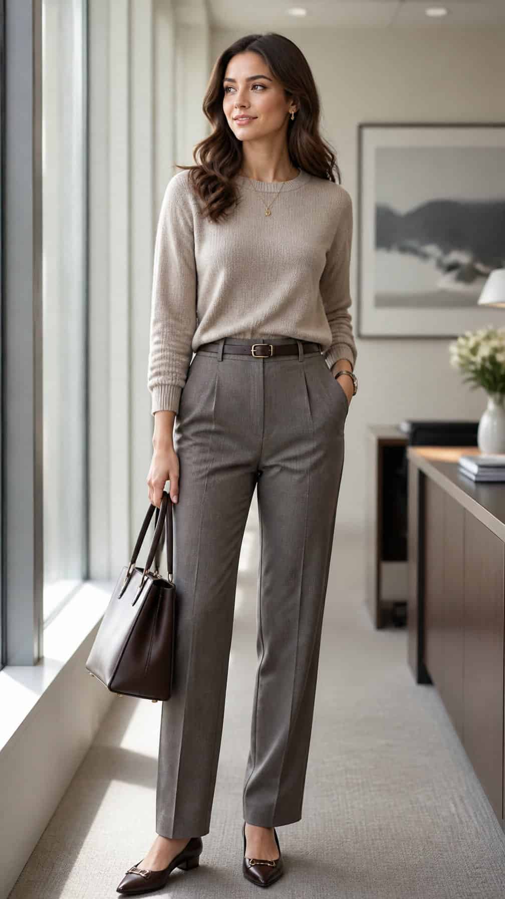 A woman wearing a crewneck sweater and tailored wool trousers in a modern office.