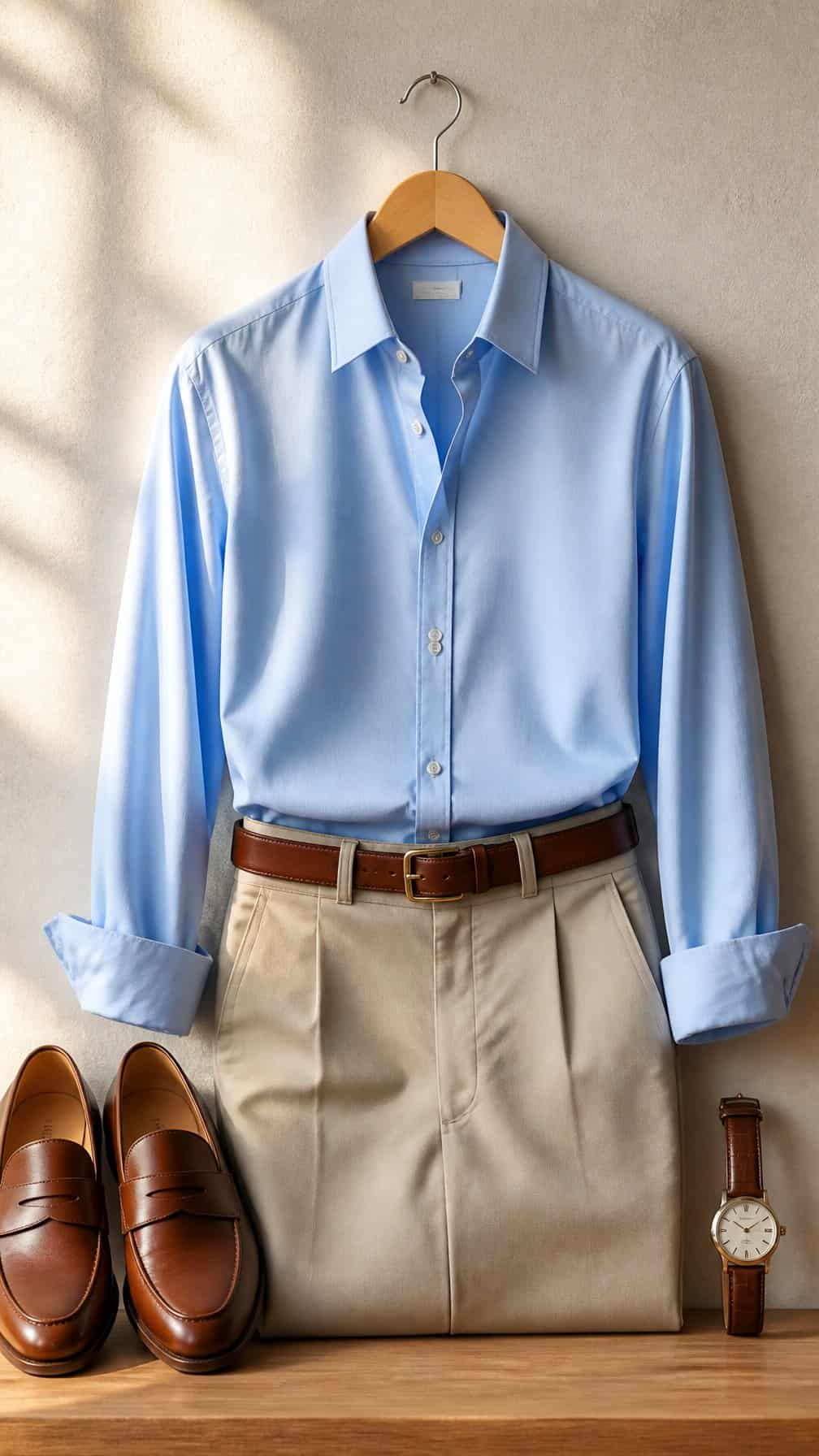 A crisp blue shirt with beige trousers, a brown belt, loafers, and a leather watch arranged against a light wall.