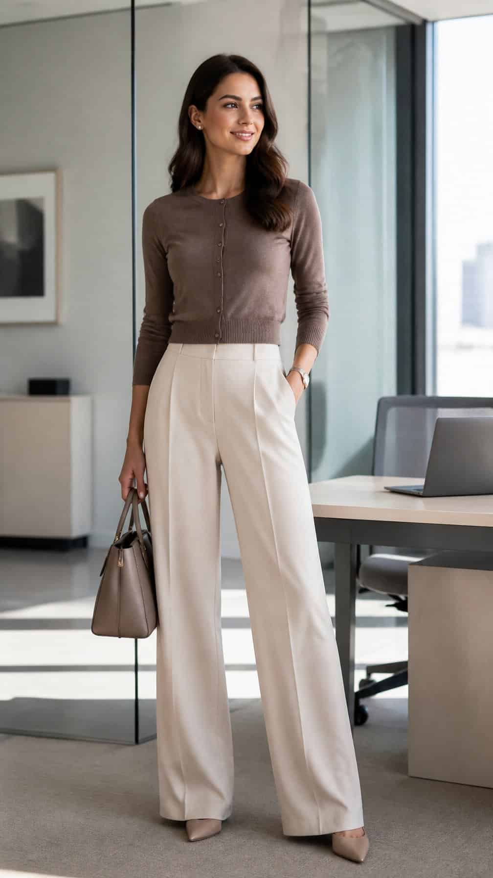 A woman in a cropped cardigan and wide-leg trousers standing in a modern office.