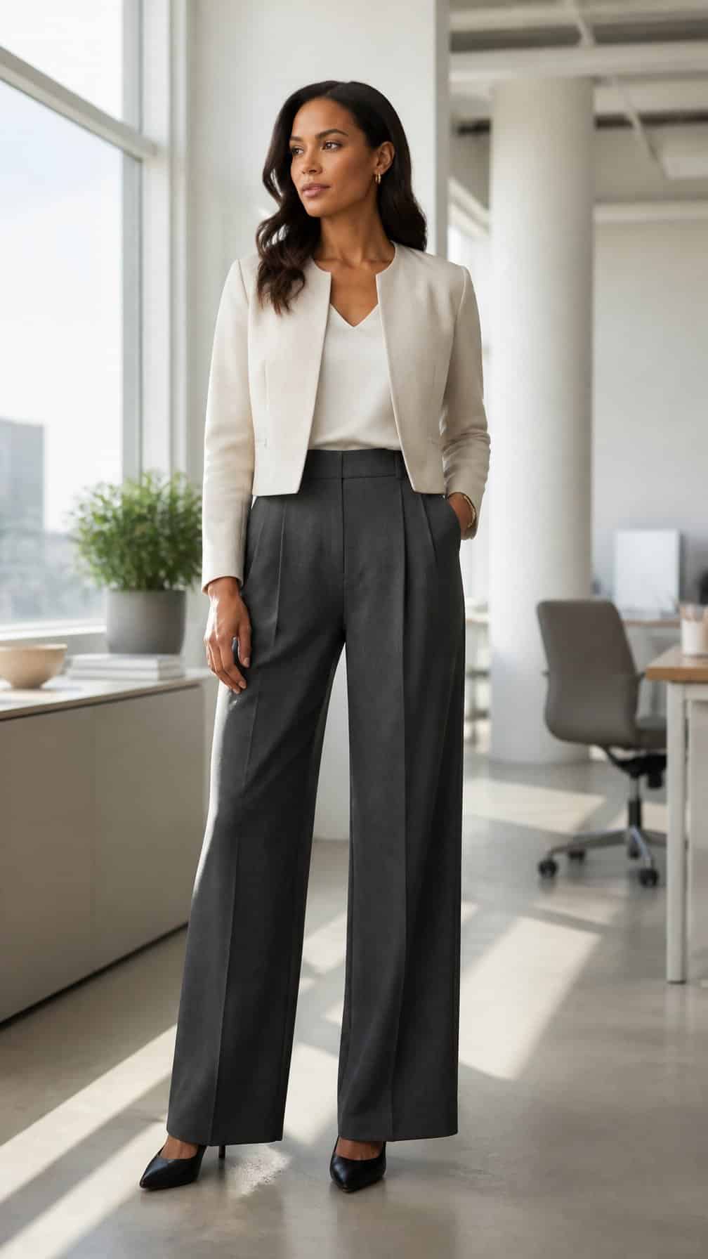 A professional woman wearing a cropped jacket and high-waisted trousers in a modern office.