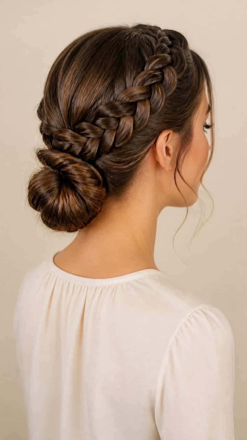 A woman with long hair styled in a crown braid that gathers into a low bun.