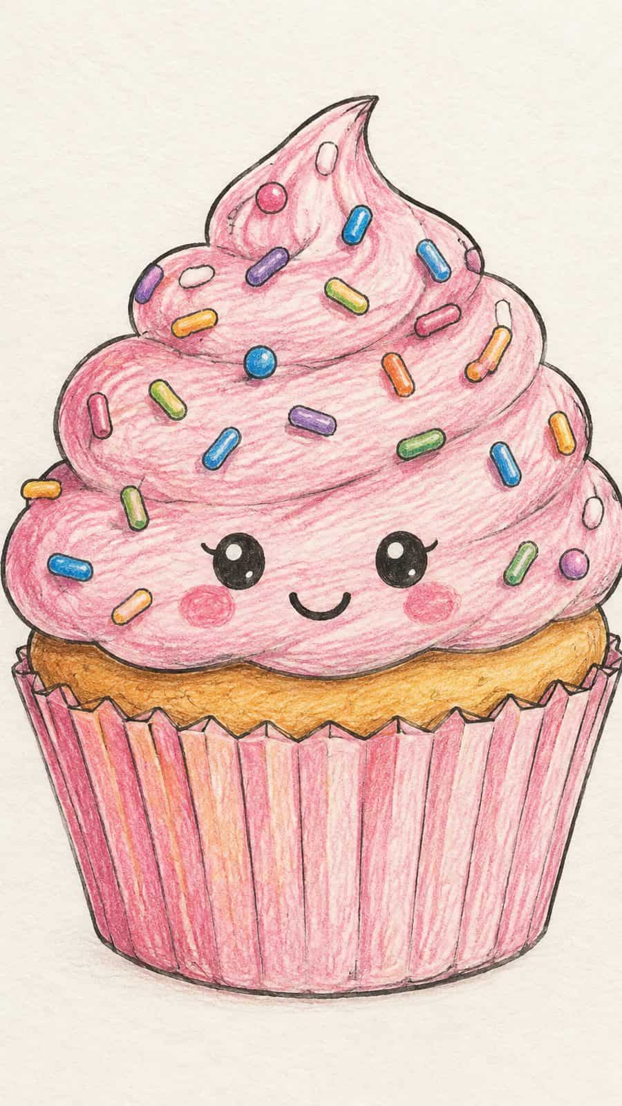 A hand-drawn artwork of cupcake with sprinkles.