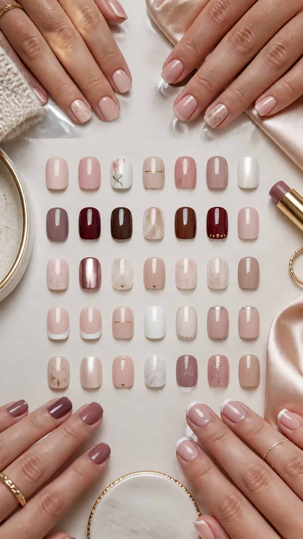 A curated display of short manicured nails in a variety of elegant colors and designs.