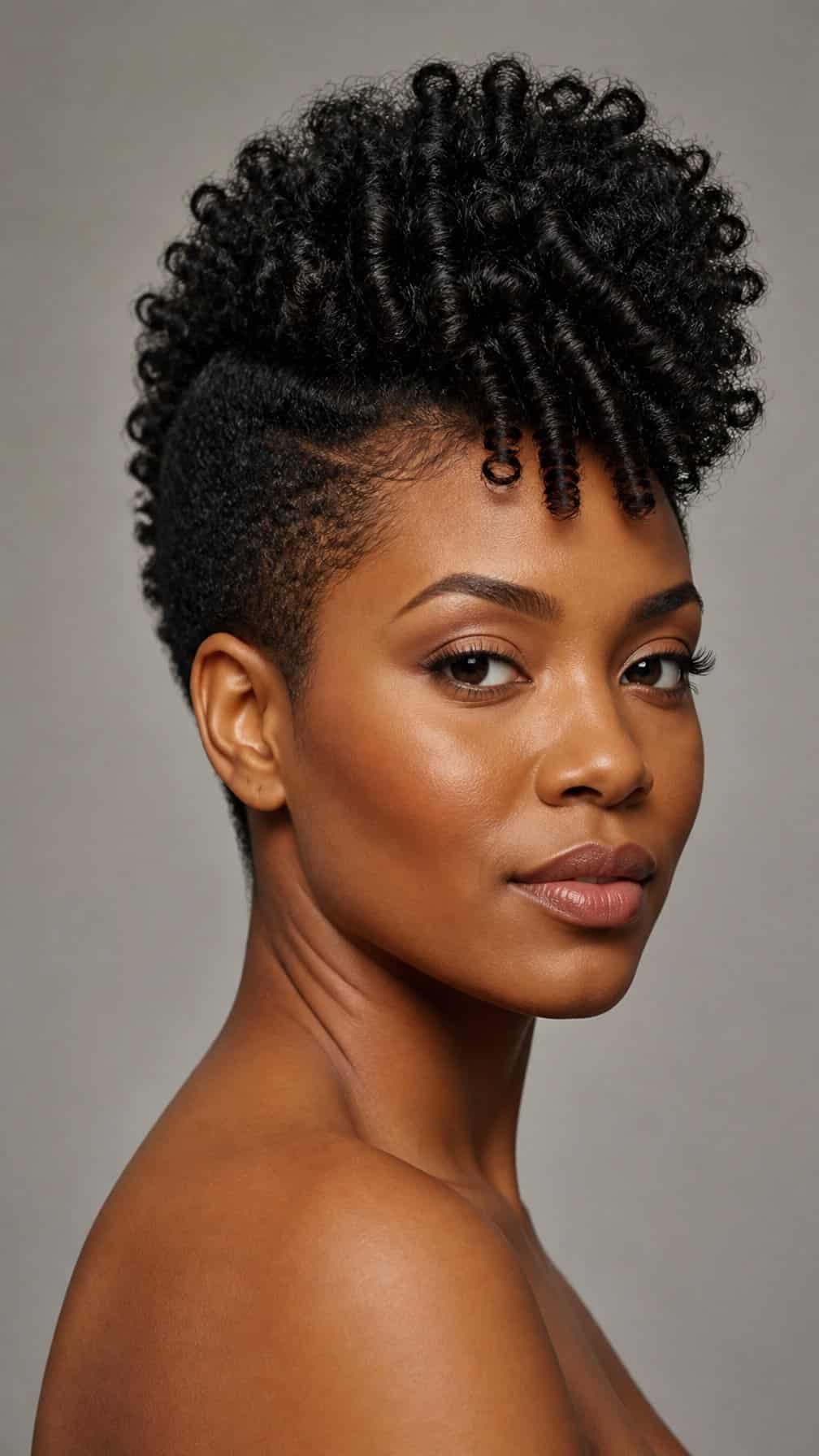 A woman with tightly coiled hair styled into a raised faux hawk with tapered sides.
