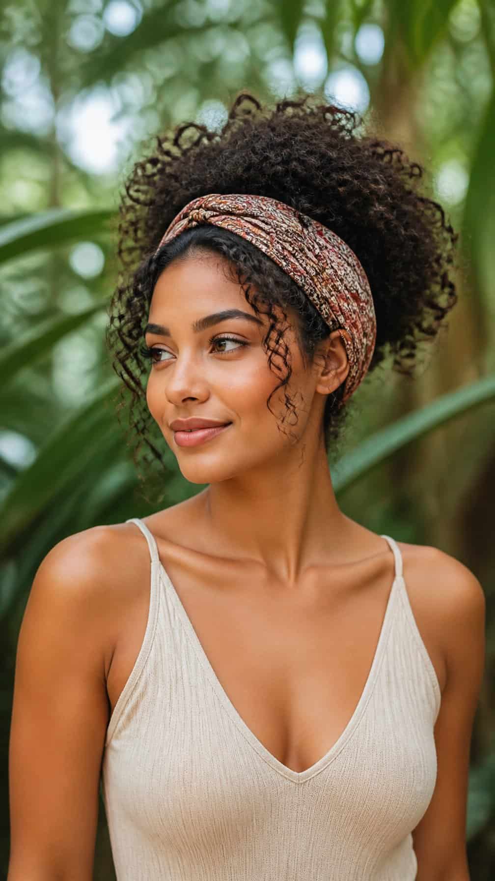 A woman with curly hair wears a wide headband outdoors among green plants.