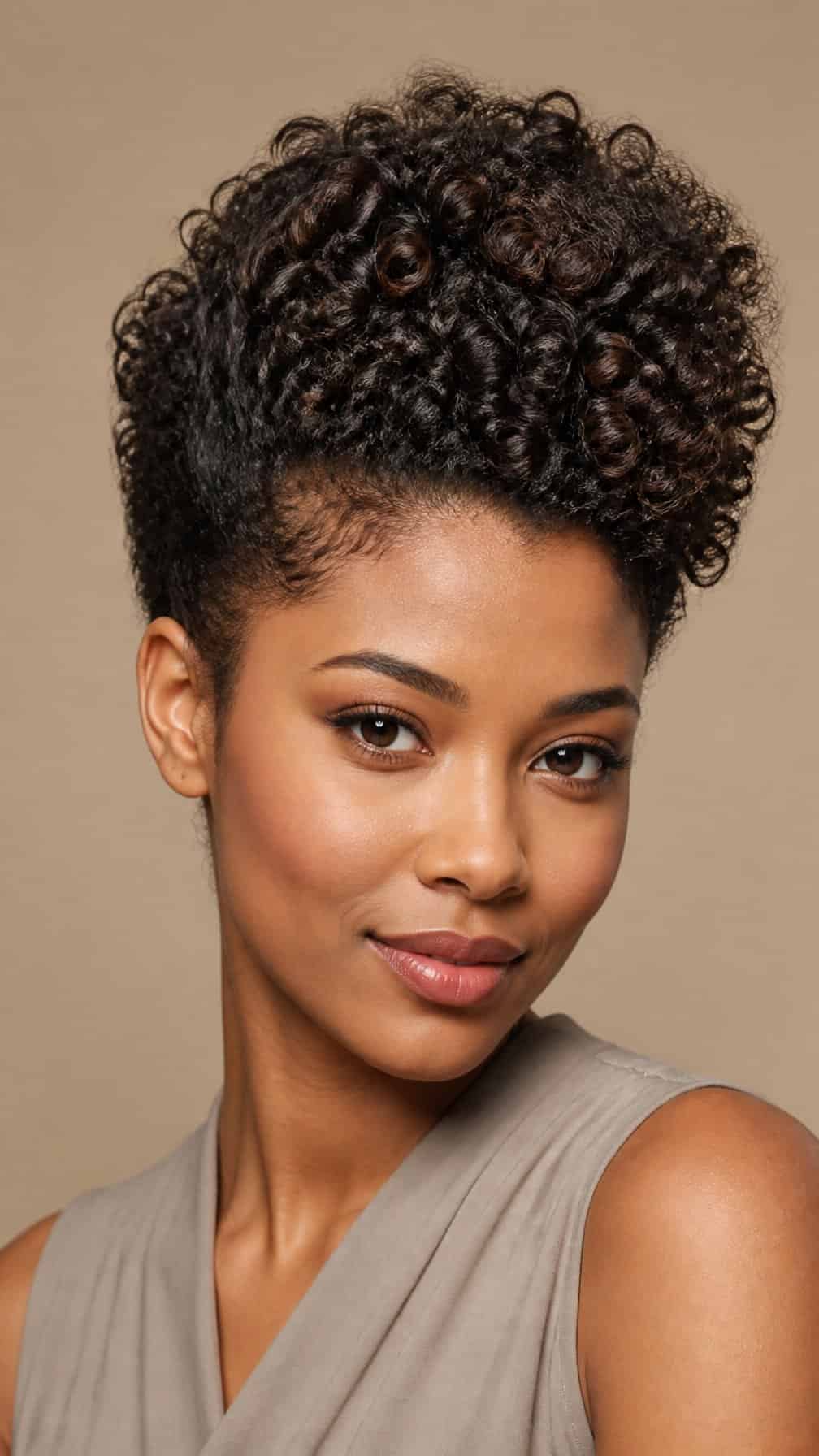 Person with textured curly hair styled into a high, rounded pompadour.