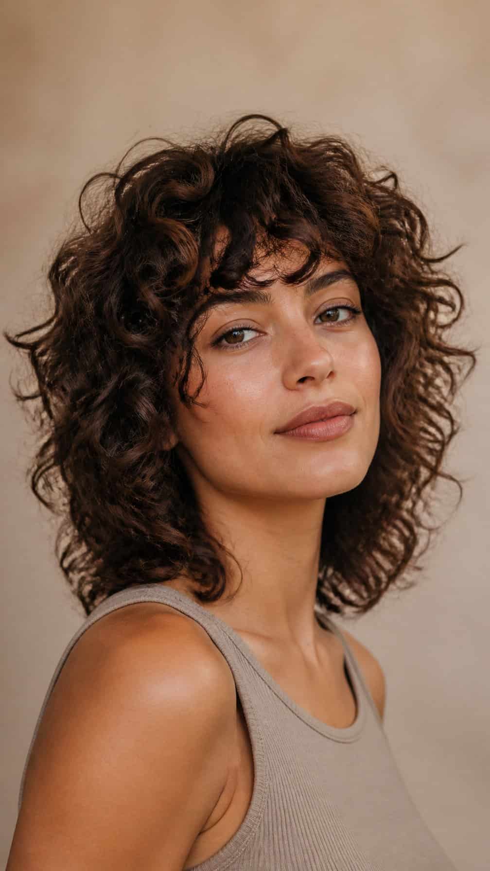 Woman with voluminous curly hair and layered curls framing her face.