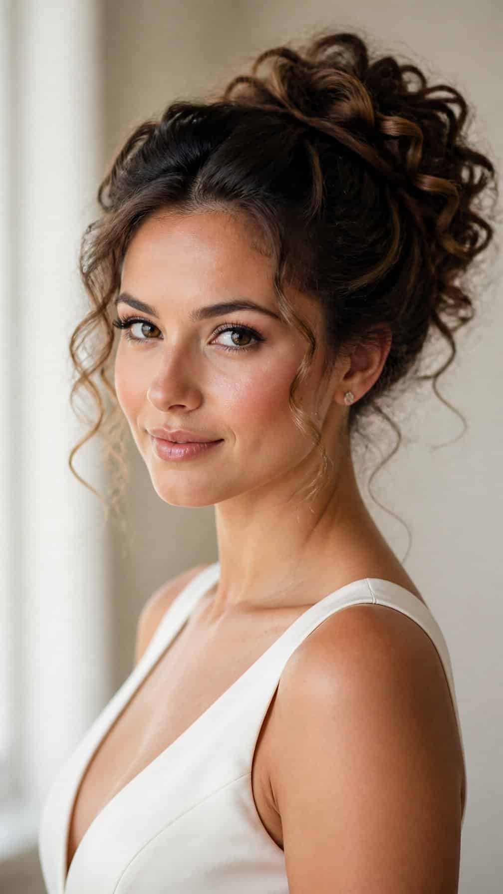 Bride wearing a curly updo with the sides of her hair pinned back.