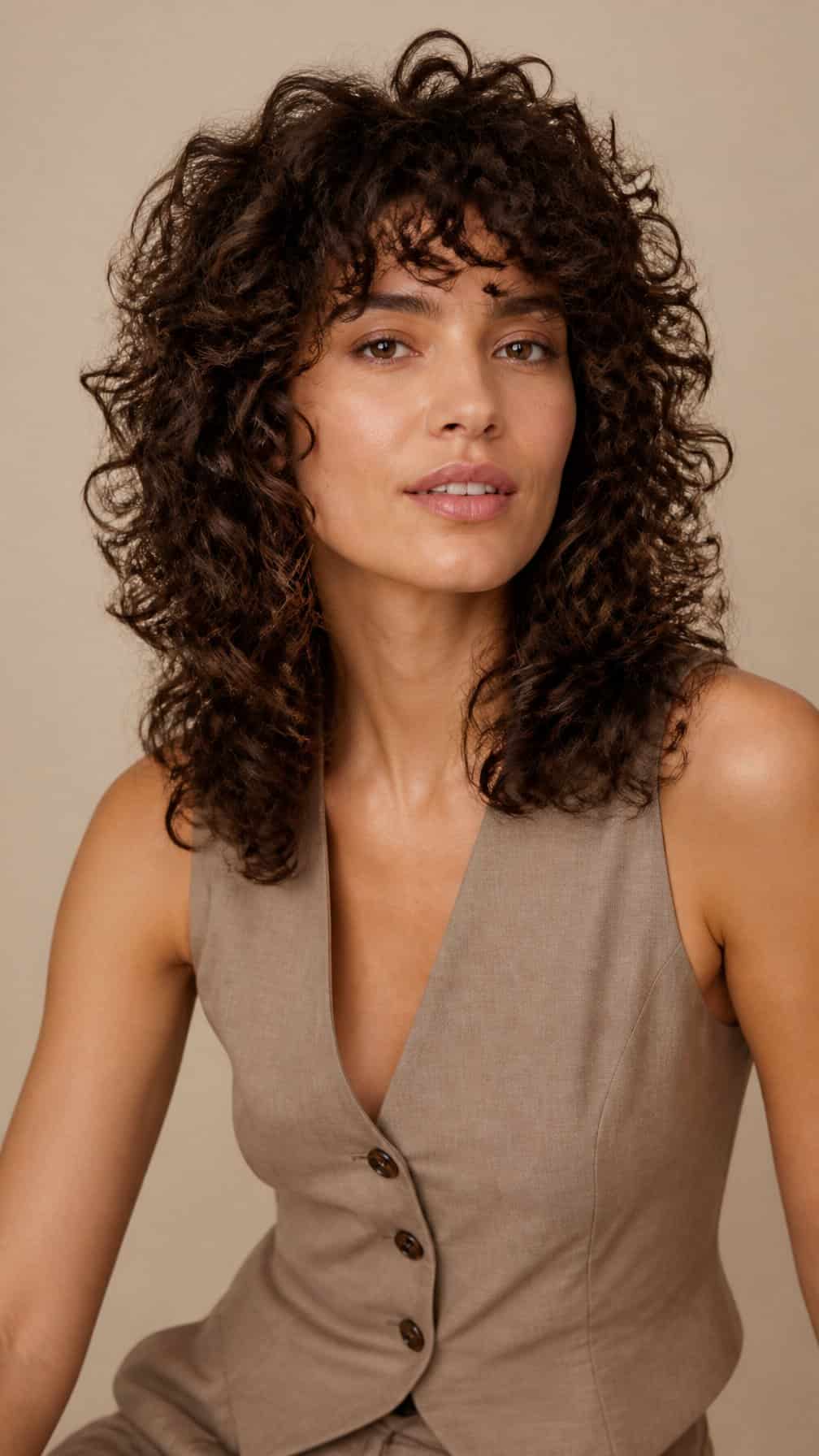 A person with voluminous layered curly hair poses against a plain background.