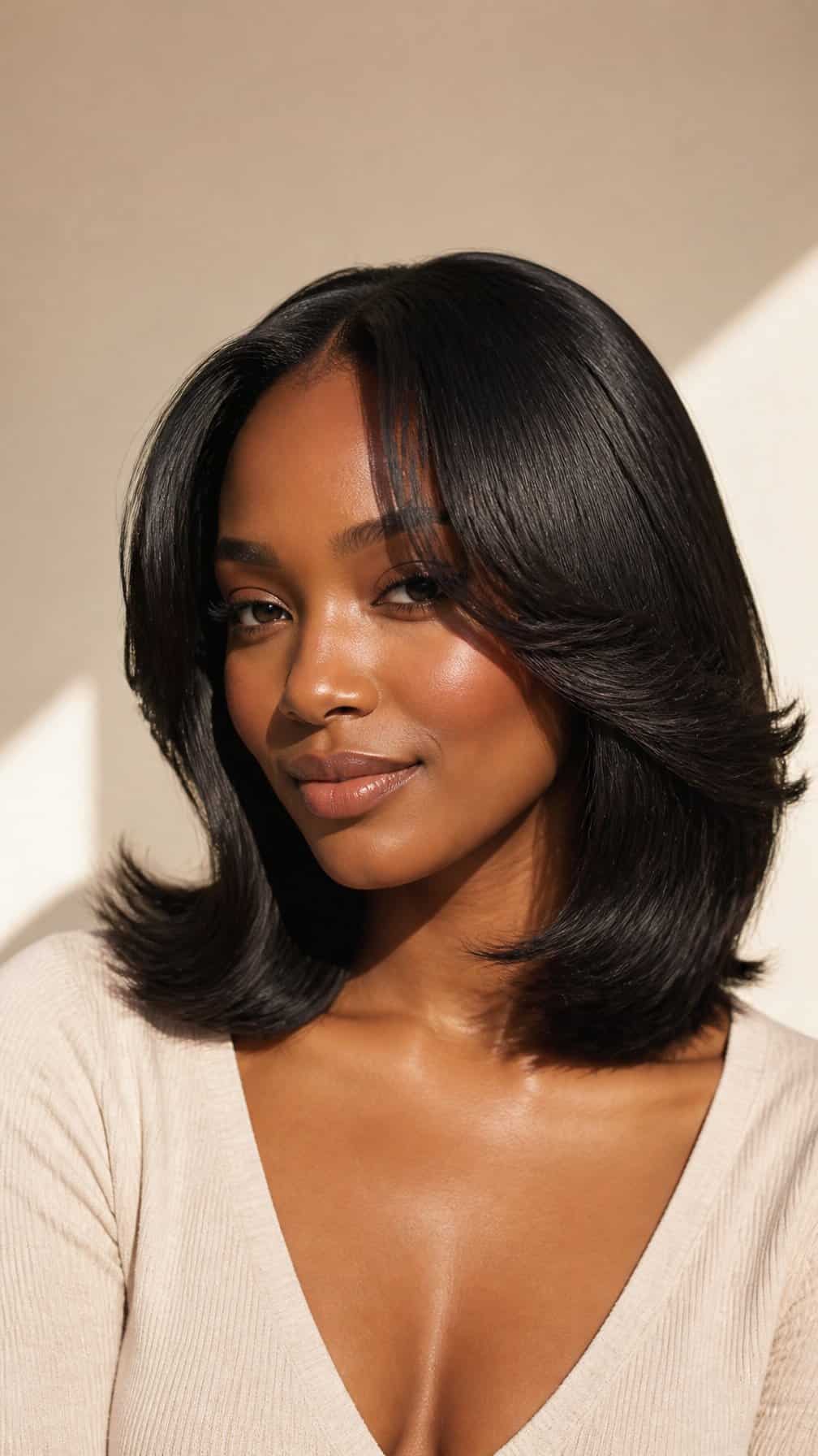 A woman with shoulder-length wavy hair poses against a softly lit neutral background.