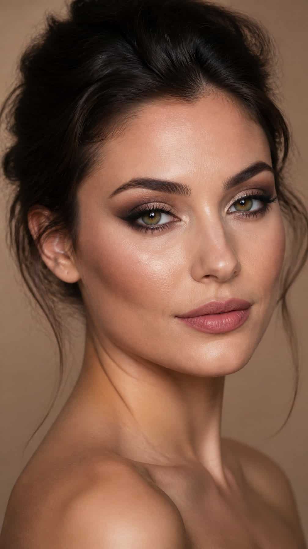 Close-up portrait of a woman wearing smoky eye makeup with a defined crease.
