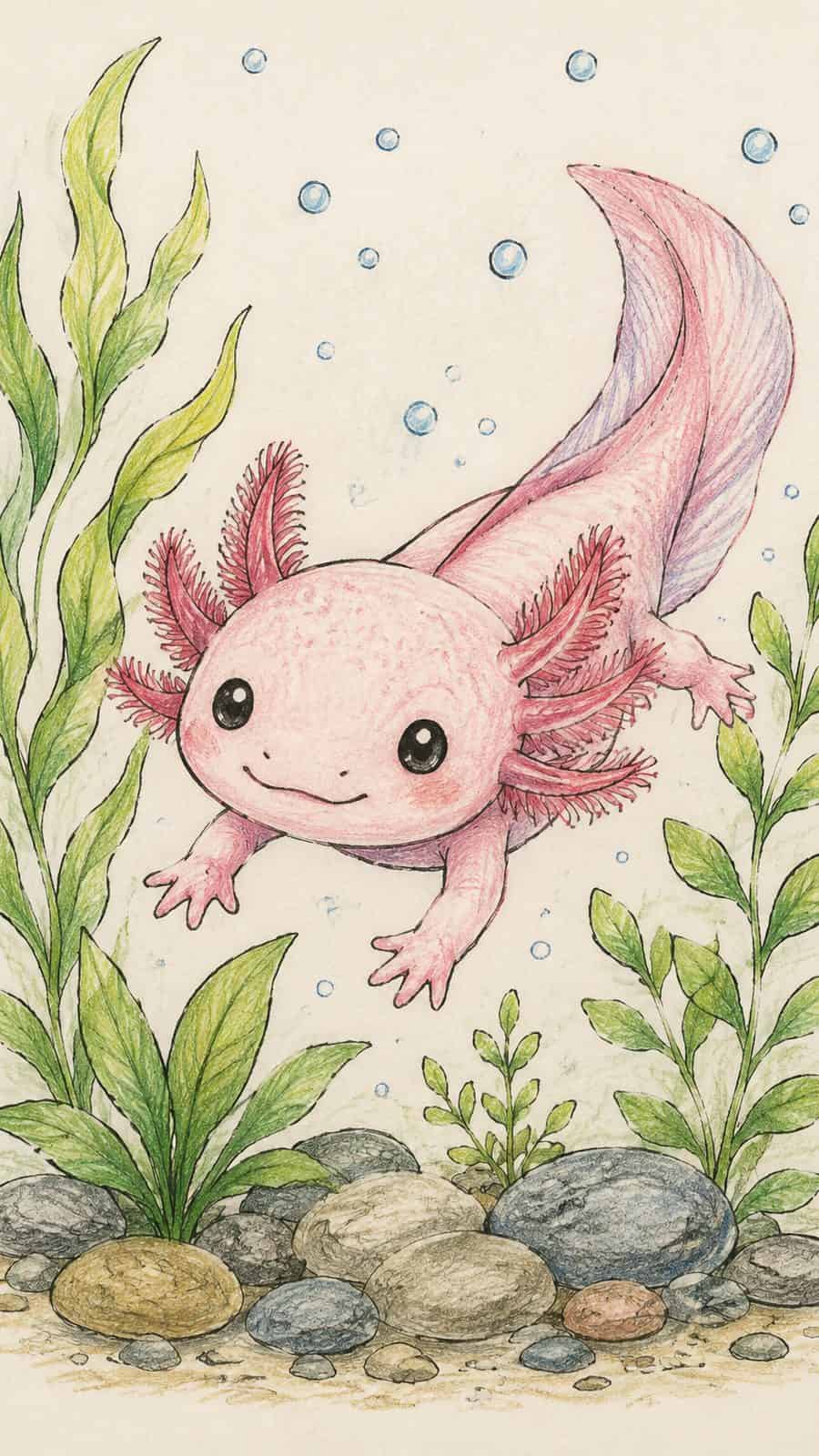 A hand-drawn artwork of cute axolotl underwater.