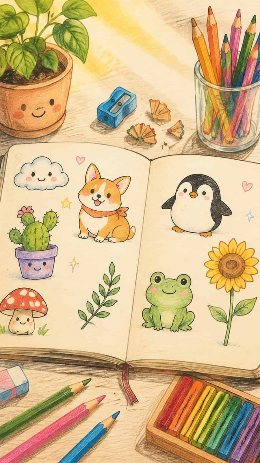 A hand-drawn open sketchbook filled with cute colorful doodles and art supplies.