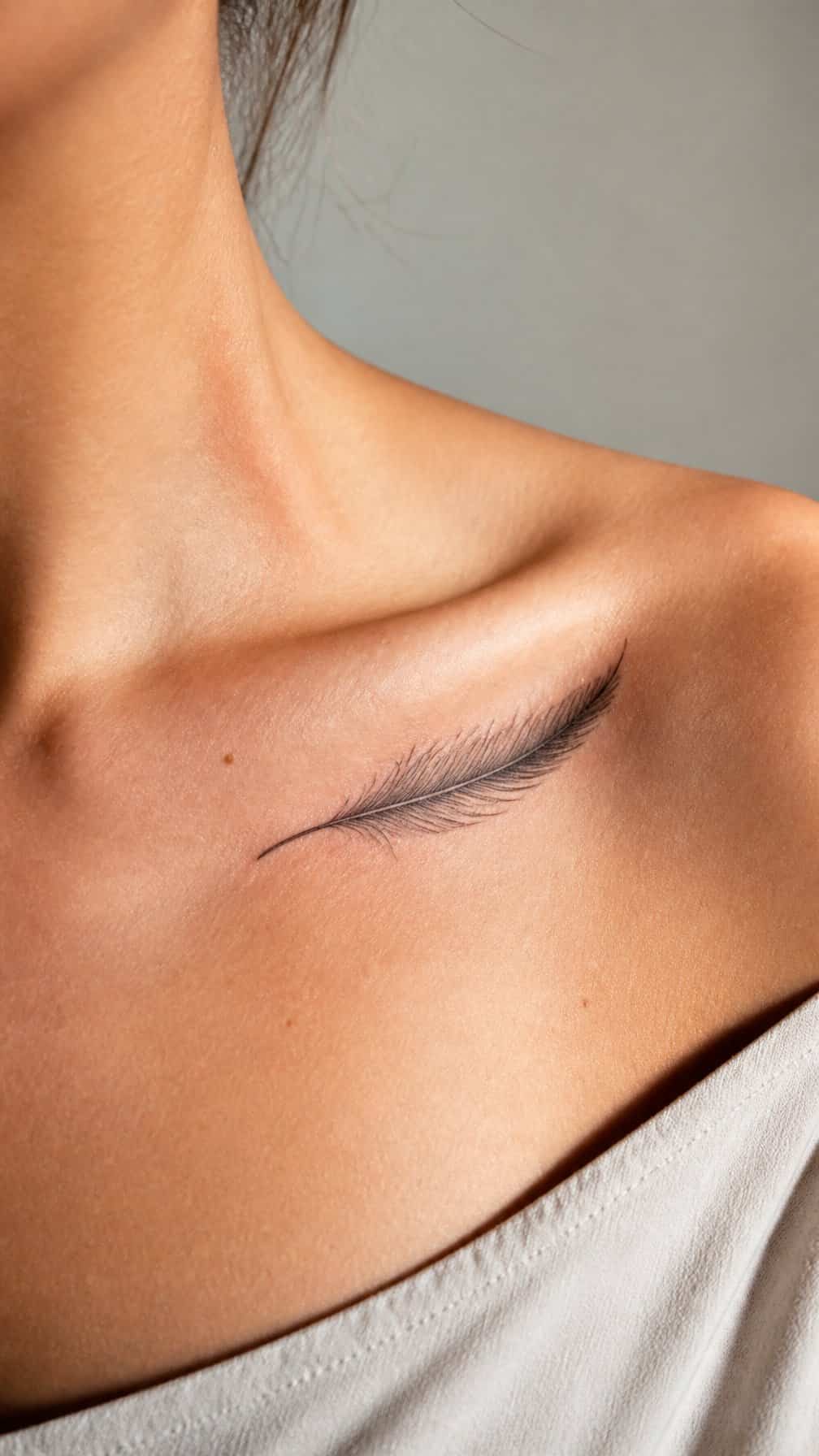 A delicate feather tattoo follows the curve of a person's collarbone.