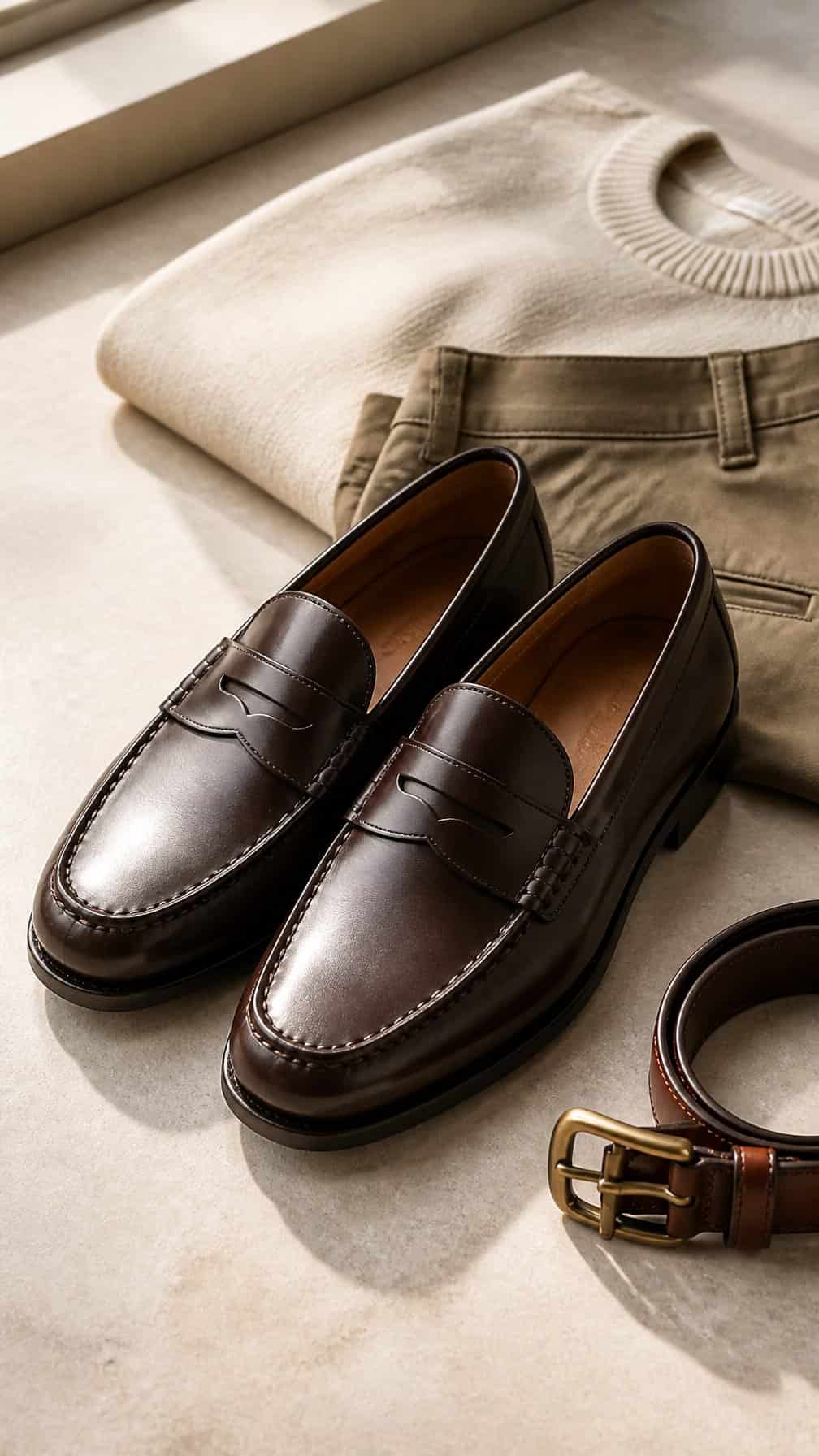 A pair of dark brown penny loafers arranged beside folded neutral-colored clothing and a leather belt.