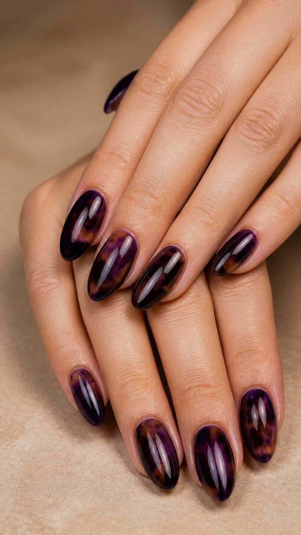 A hand with glossy dark purple tortoiseshell nail designs resting on a neutral surface.