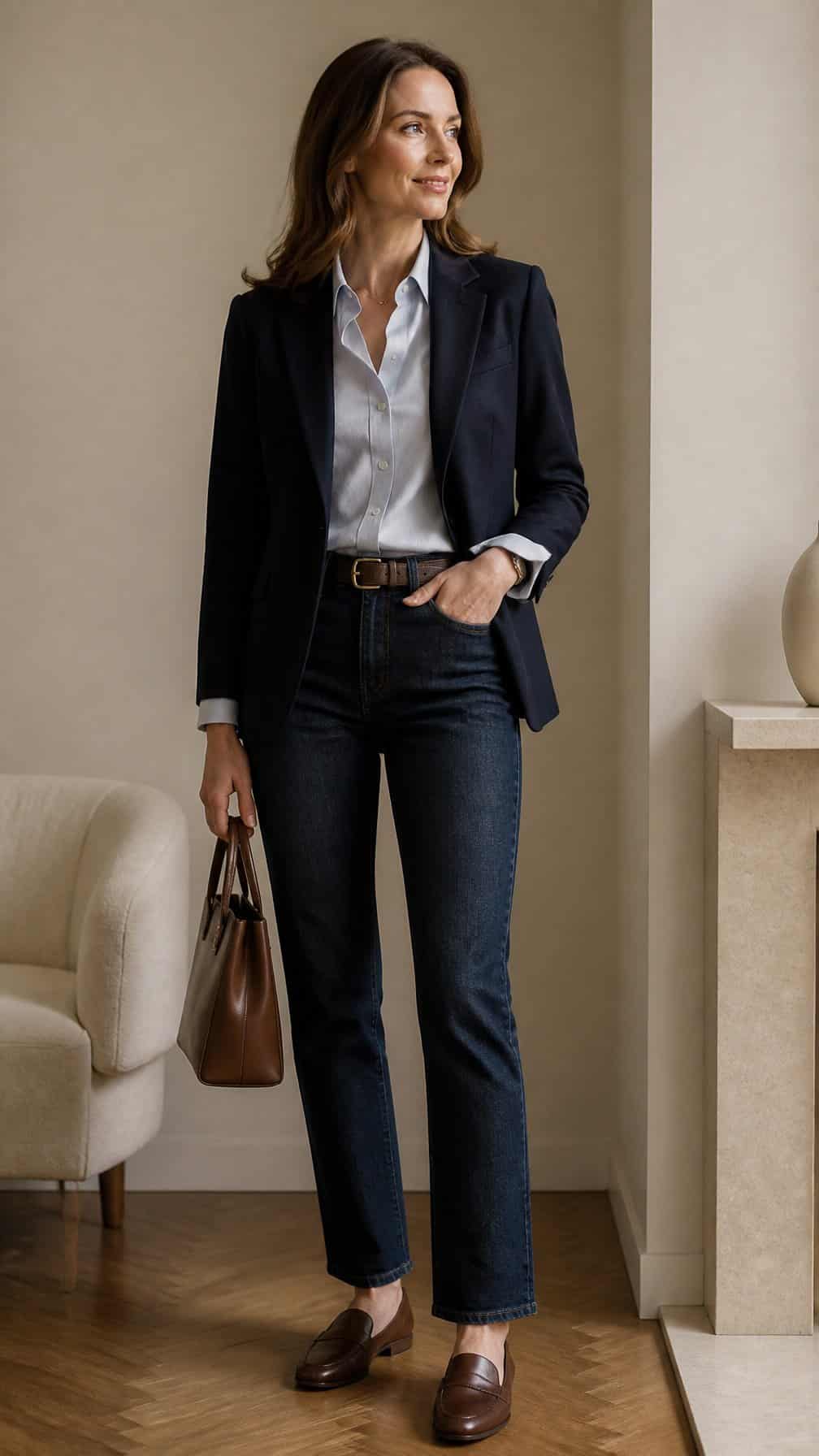 A person wearing dark straight-leg jeans with a blazer and button-down shirt in a bright elegant setting.