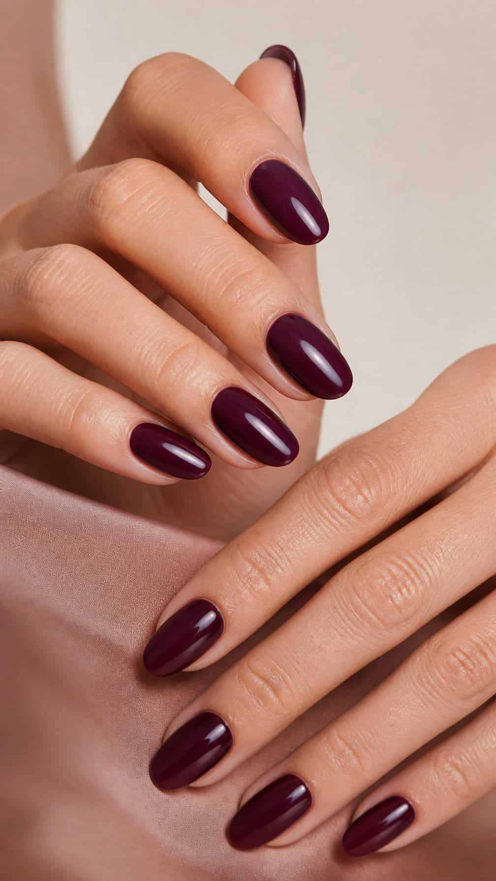 Close-up of hands with neatly manicured glossy deep plum-purple nails.
