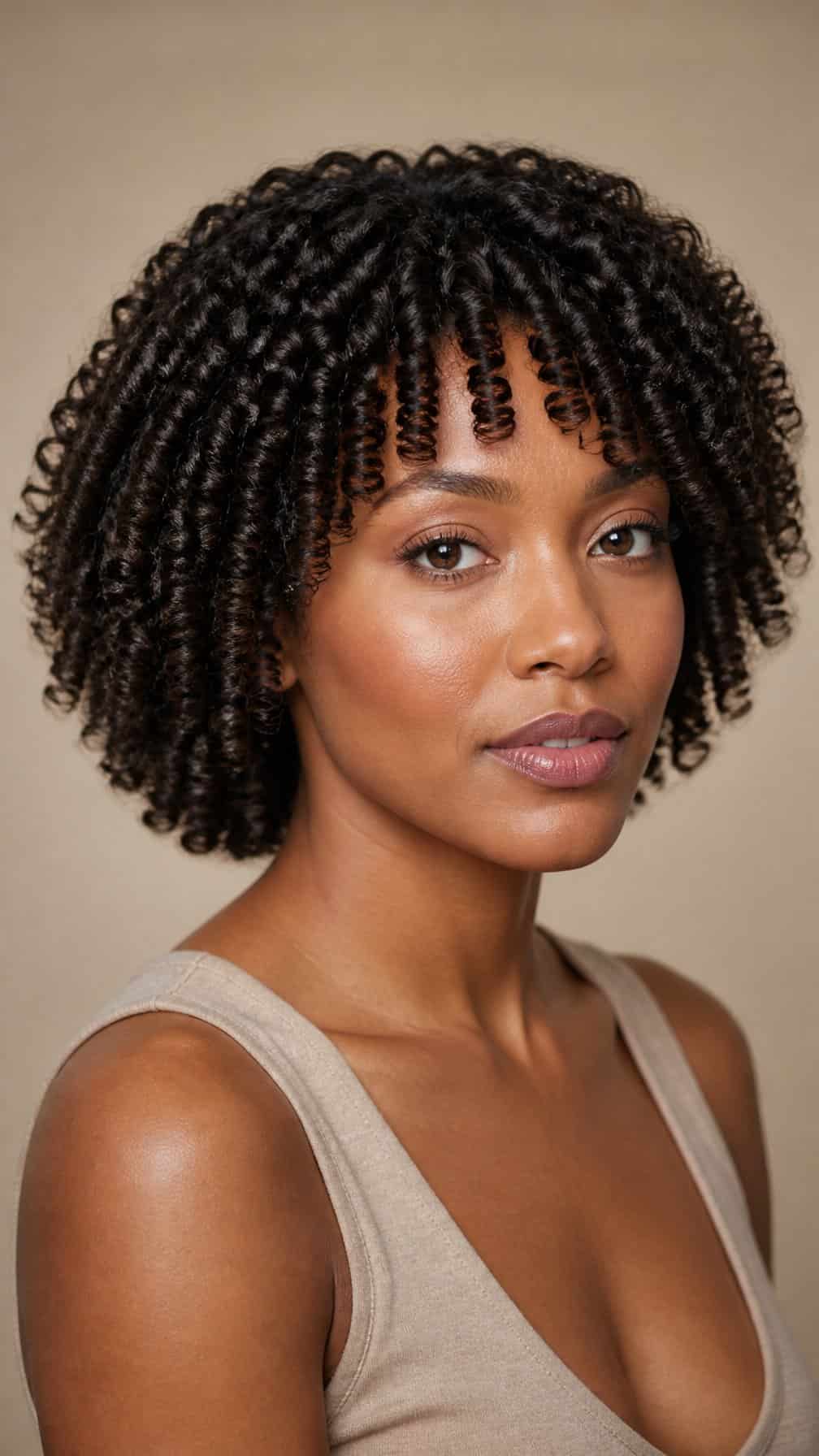 Woman with defined finger coils in her naturally curly hair.