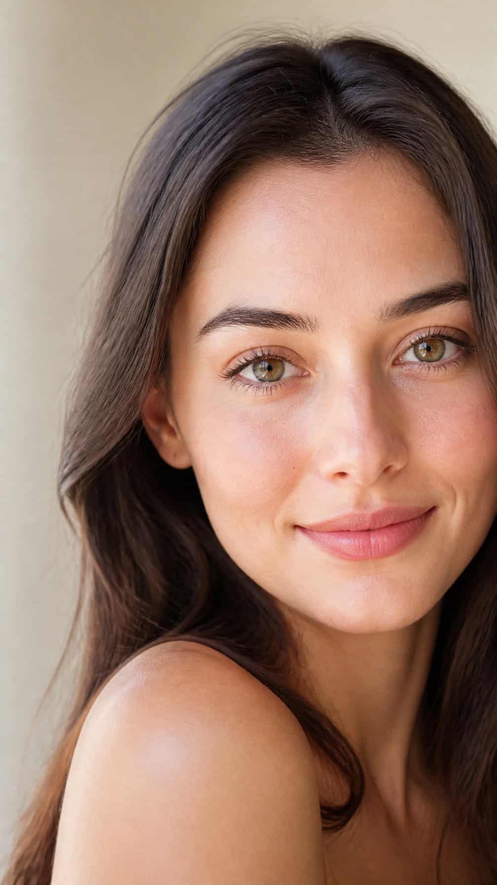 Close-up portrait of a woman with bright eyes and subtly defined lower lashes.