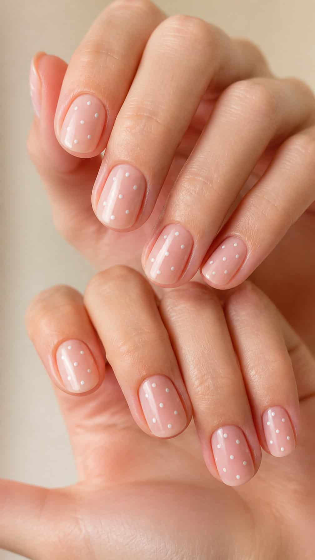 Close-up of natural nude nails decorated with tiny white polka dots.
