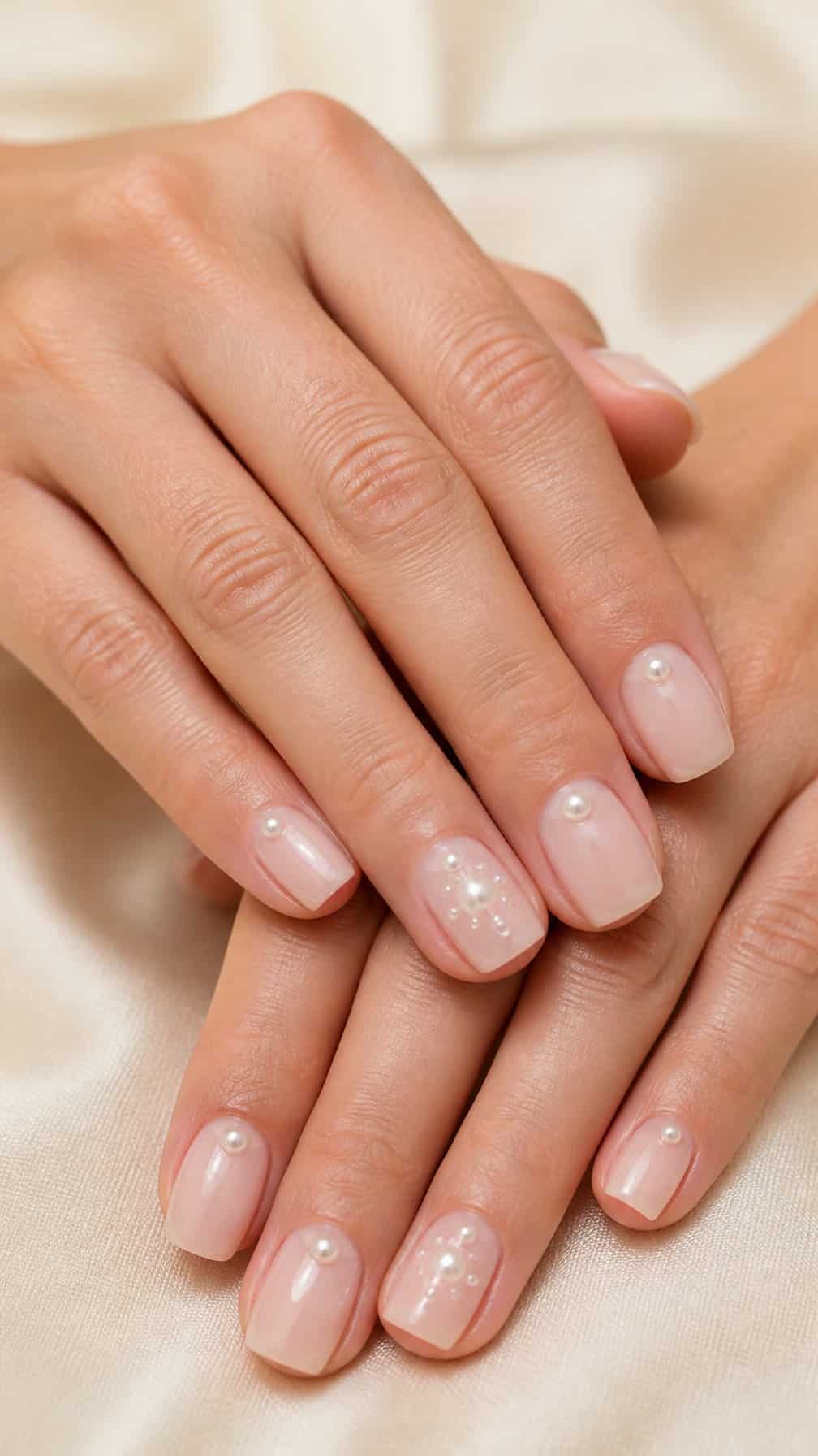 Close-up of short manicured nails with small pearl accents.