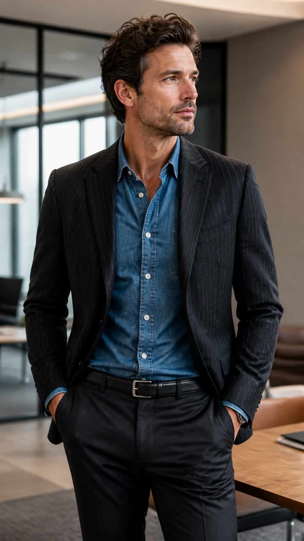 A person wearing a denim shirt under a black pinstripe blazer in a modern office.