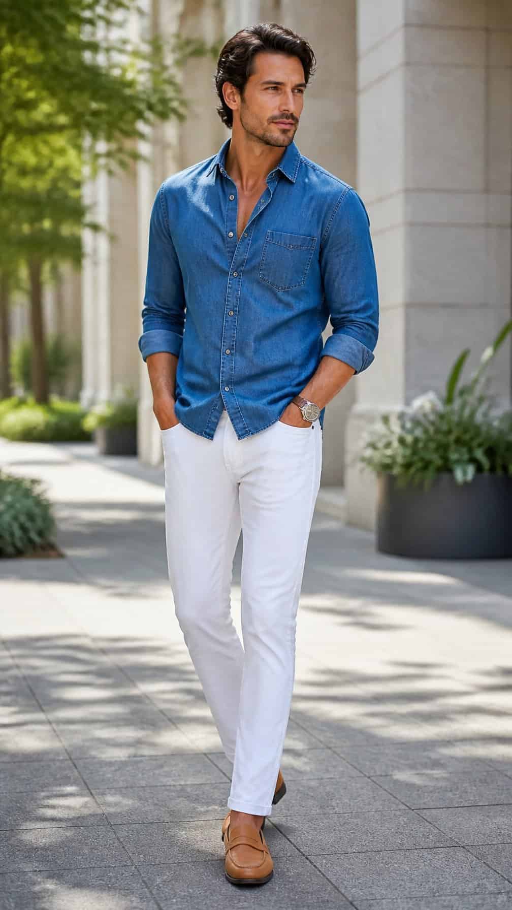 A person wearing a blue denim shirt, white jeans, and tan loafers stands on a bright urban walkway.